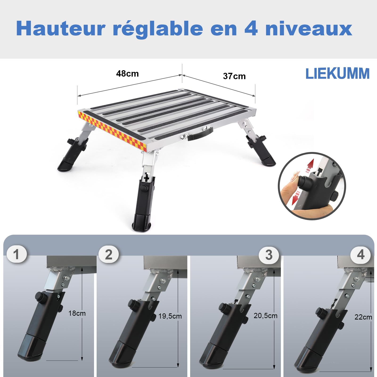 LIEKUMM Marche Pied Pliable, 48 x 37 cm Plate Forme en Aluminium Surface en antidérapante, Capacité 450 kg Marchepied pour la Cuisine, Camping Car, SUV, RV