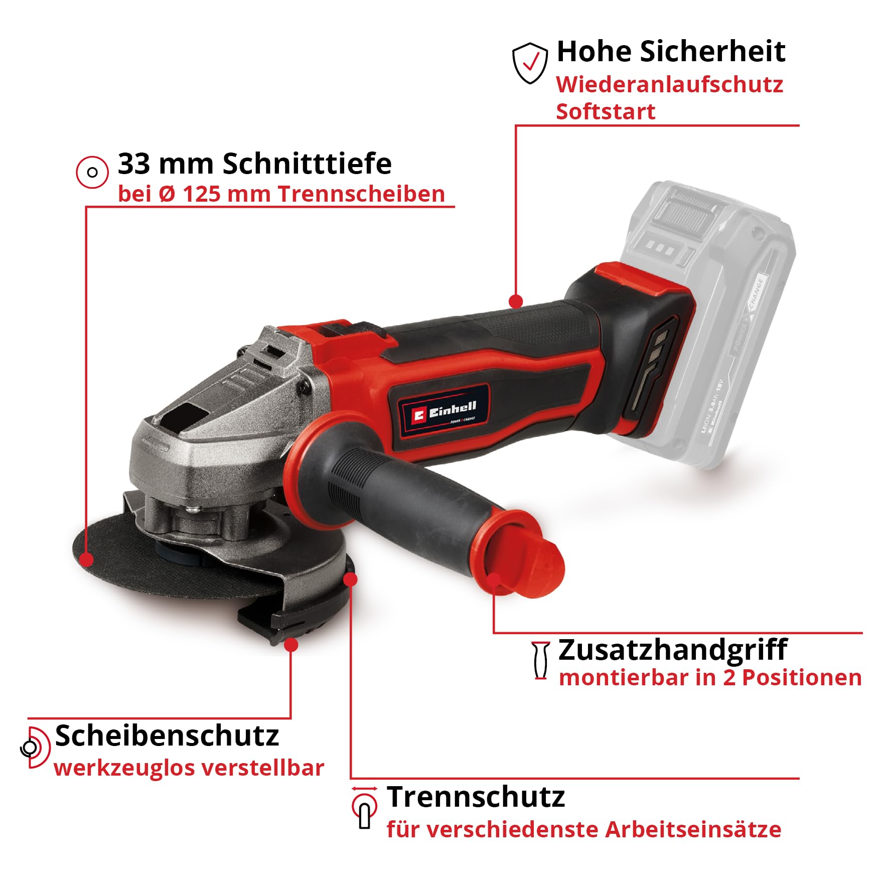 Einhell Akku-Winkelschleifer TE-AG 18/125-2 Li - Solo Power X-Change (18 V, 125 mm Scheiben-Ø, 33 mm Schnitttiefe, Softstart, Trennschutz, ohne Trennscheibe, ohne Akku)