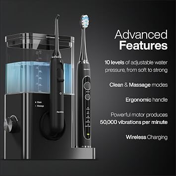 AquaSonic Home Dental Center PRO Brushing & Flossing Made Easy Brush & Floss Power Toothbrush & Water Flosser Whiter Teeth & Healthier Gums Black Series Pro+Oral Irrigator