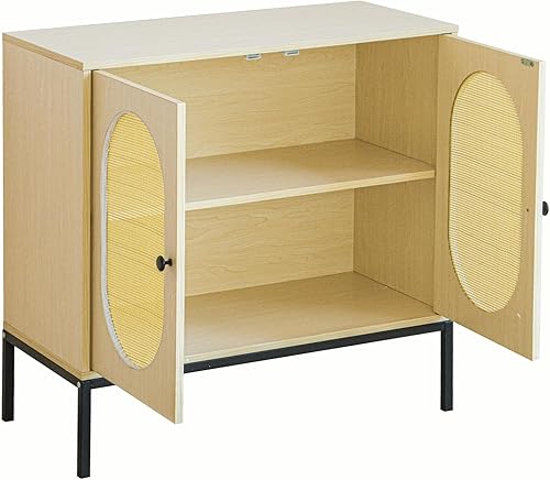 Miniatura 6 de Dolonm Armario de almacenamiento, aparador de madera con puertas ovaladas de ratán, armario de licor de bar, organizador de piso decorativo para