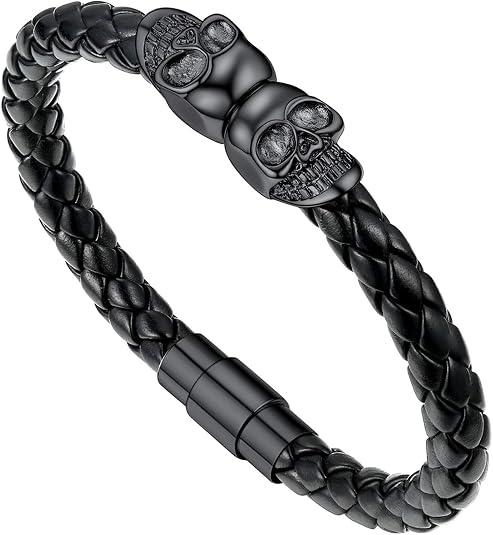U7 Mens Leather Bracelet with Stainless Steel Clasp, Leather Cuff Bracelet in Skull or Wrap Style Black Bracelets for Husband