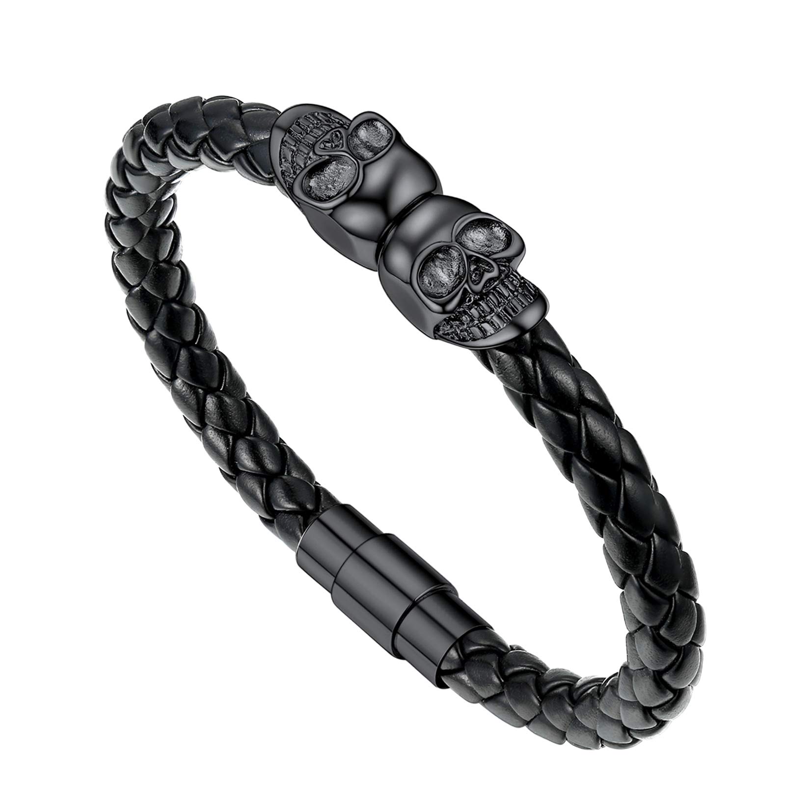 Anvy Lunda Men's Double Skull Leather Bracelet - Stainless Steel Punk Cuff