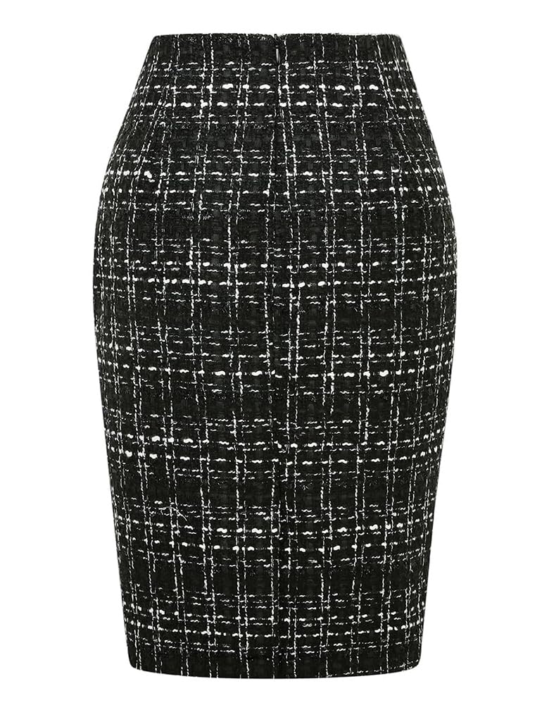 Kinghua Damen-Bleistiftrock aus Wolle, kariert, für Herbst und Winter, hohe Taille, Schlitz, figurbetont, Knielang, Midirock