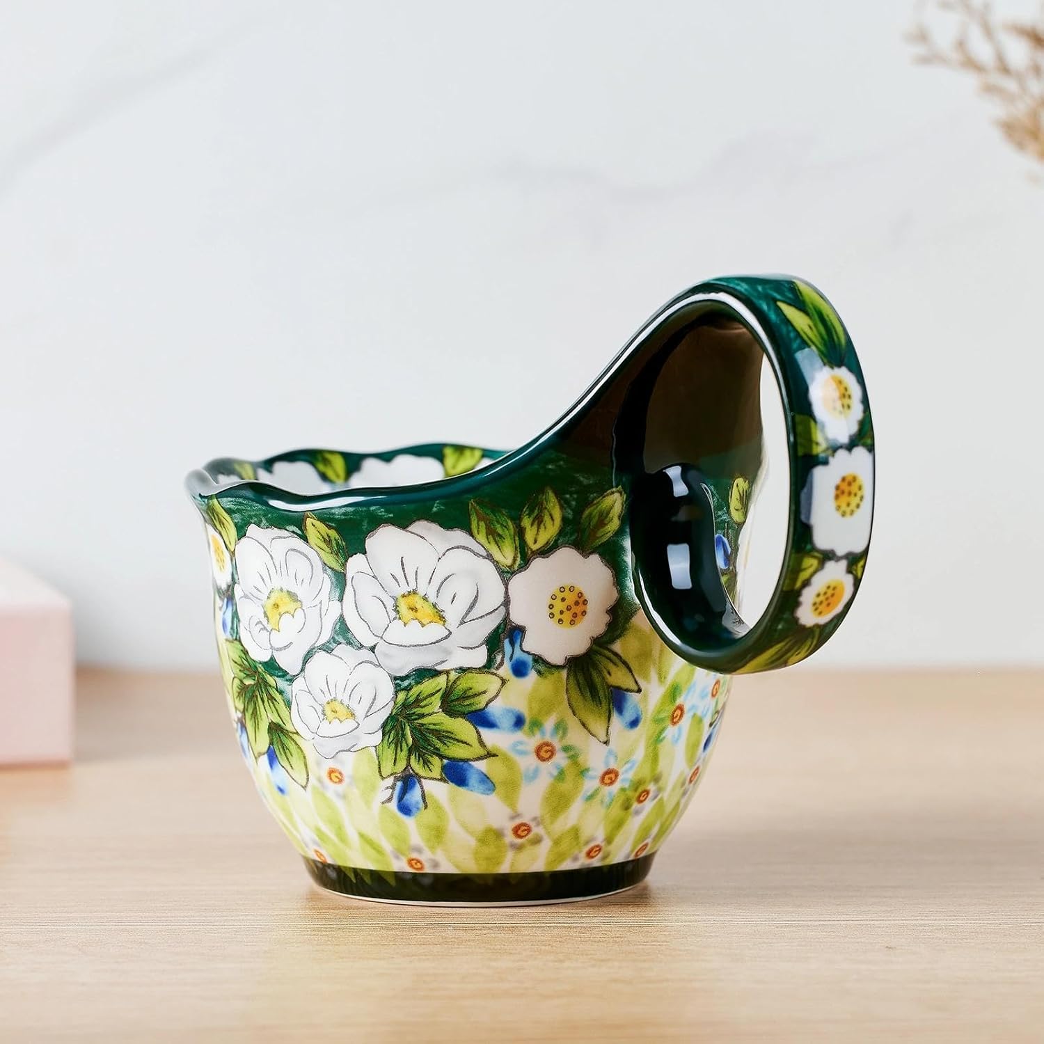 Ceramic Soup Cup and Soup Bowl With Handles - 18 Ounce With Spoon,Handpainted Decorative Oversized Porcelain Bowl,for soup, Ice Cream, Stew, Microwave and Dishwasher Safe (Green Jasmine)