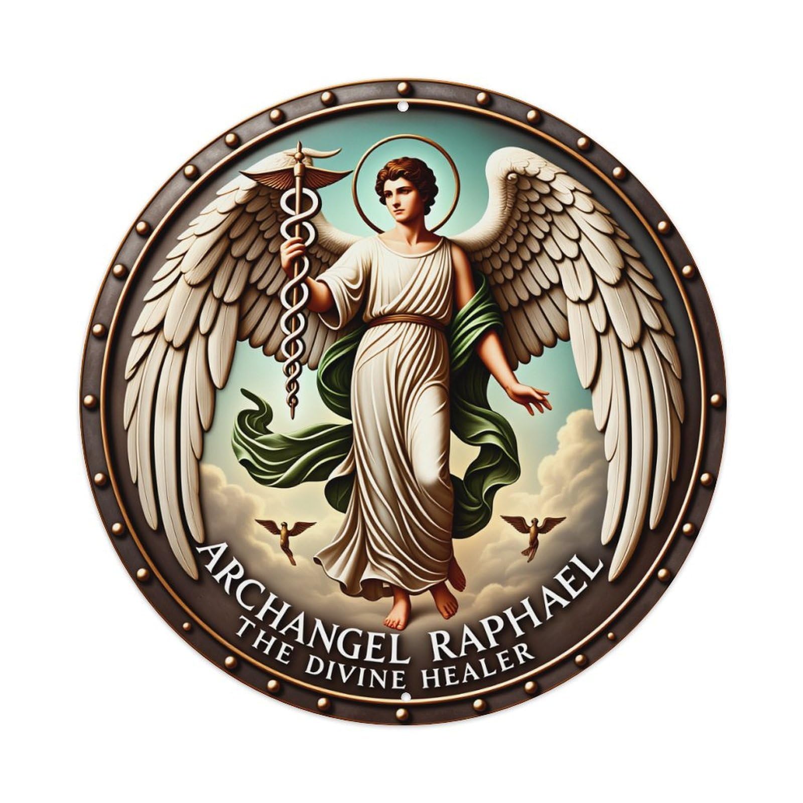 Archangel Raphael Divine Healer Winged Figure Metal Tin Sign Vintage Garden Bedroom Cafe Bar Man Cave Home Wall Decor Metal Poster 8x8 inches