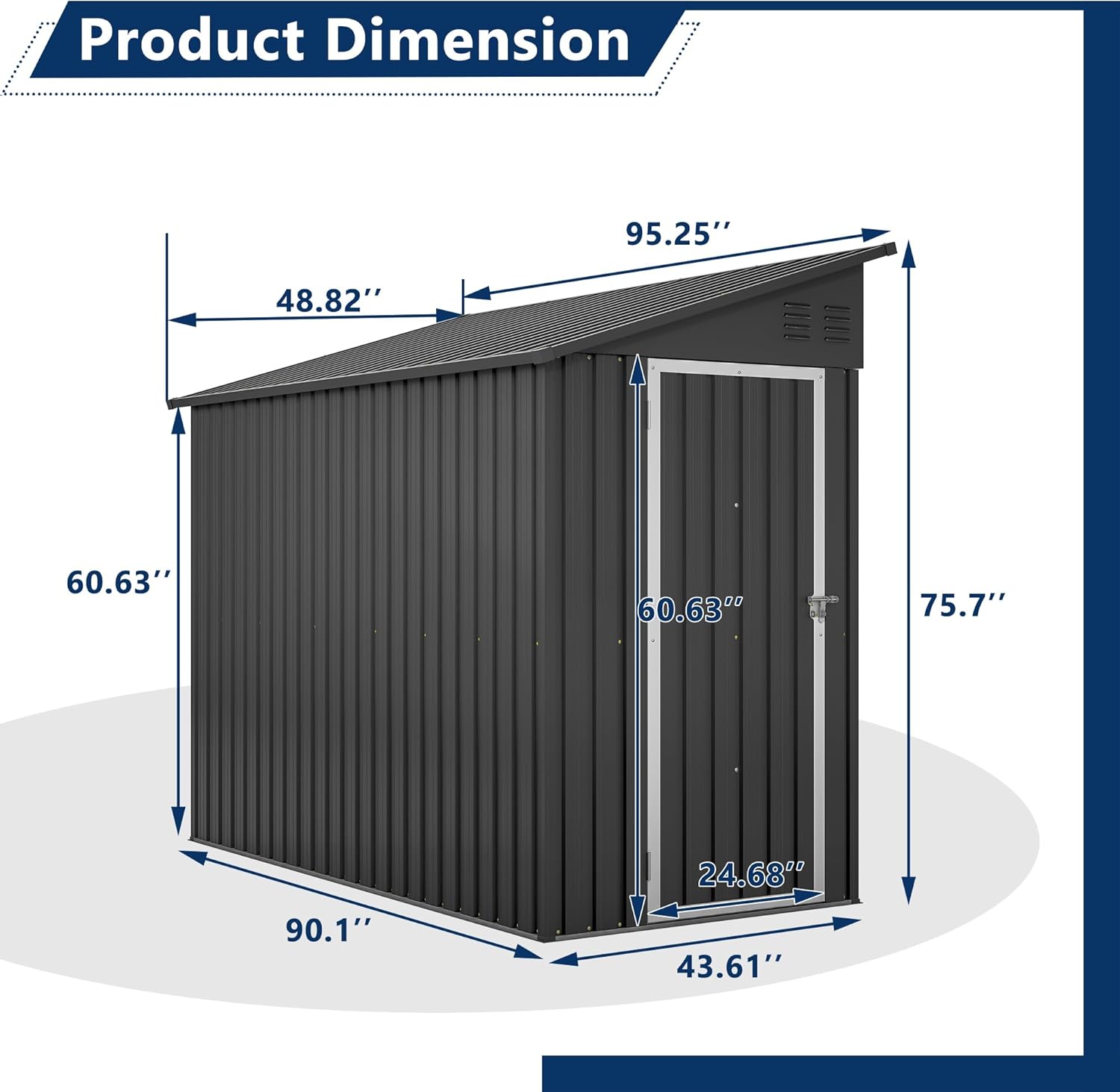 Diagram showing the dimensions of the shed: 90.1 inches wide, 43.6 inches deep, and 75.7 inches high at the peak.