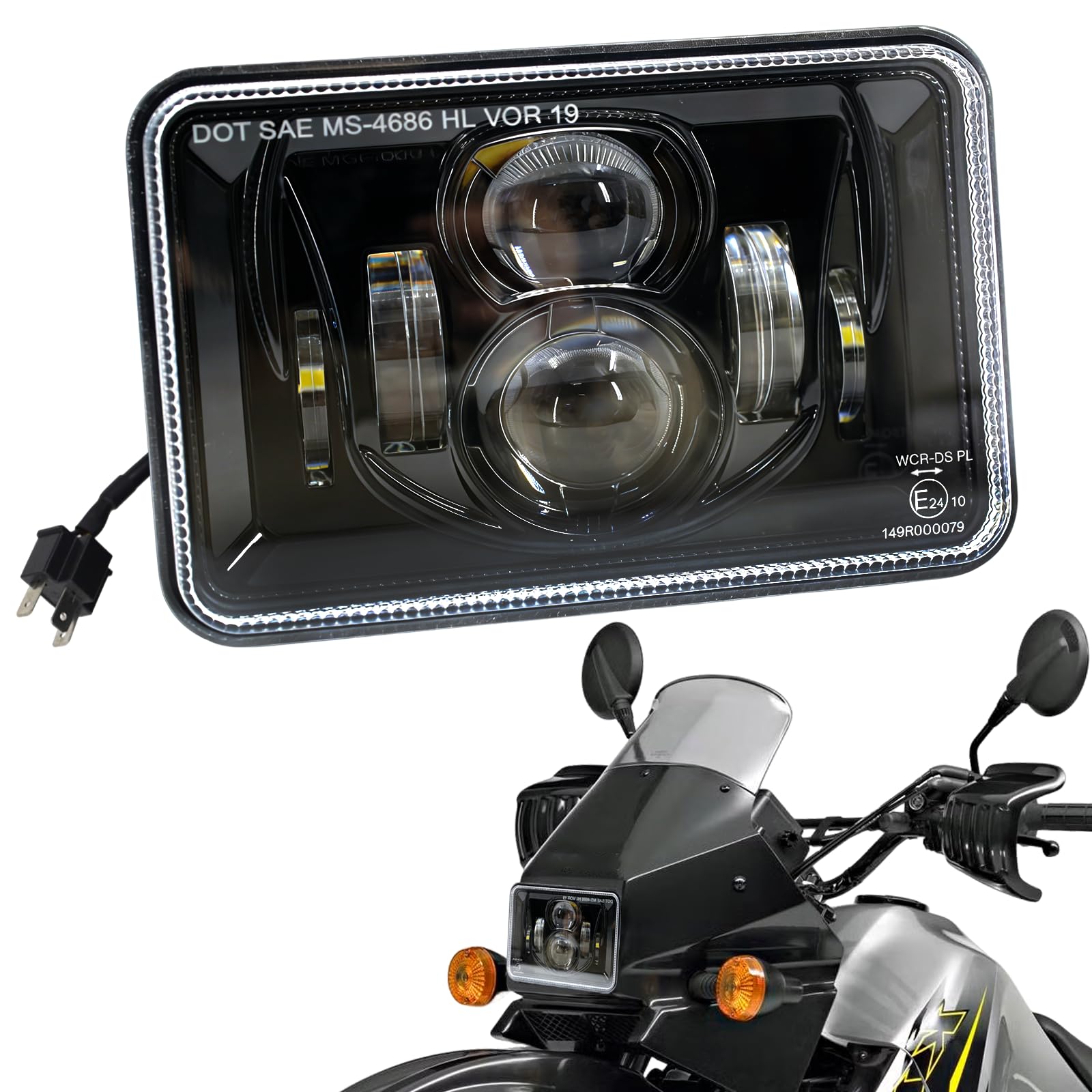 E-geprüfter 4x6 Zoll LED Motorrad Scheinwerfer 160x100 mm, Universal Umbauscheinwerfer, Fern- & Abblendlicht, 3-poliger Anschluss, IP67, passend für Kawasaki Suzuki Yamaha Honda