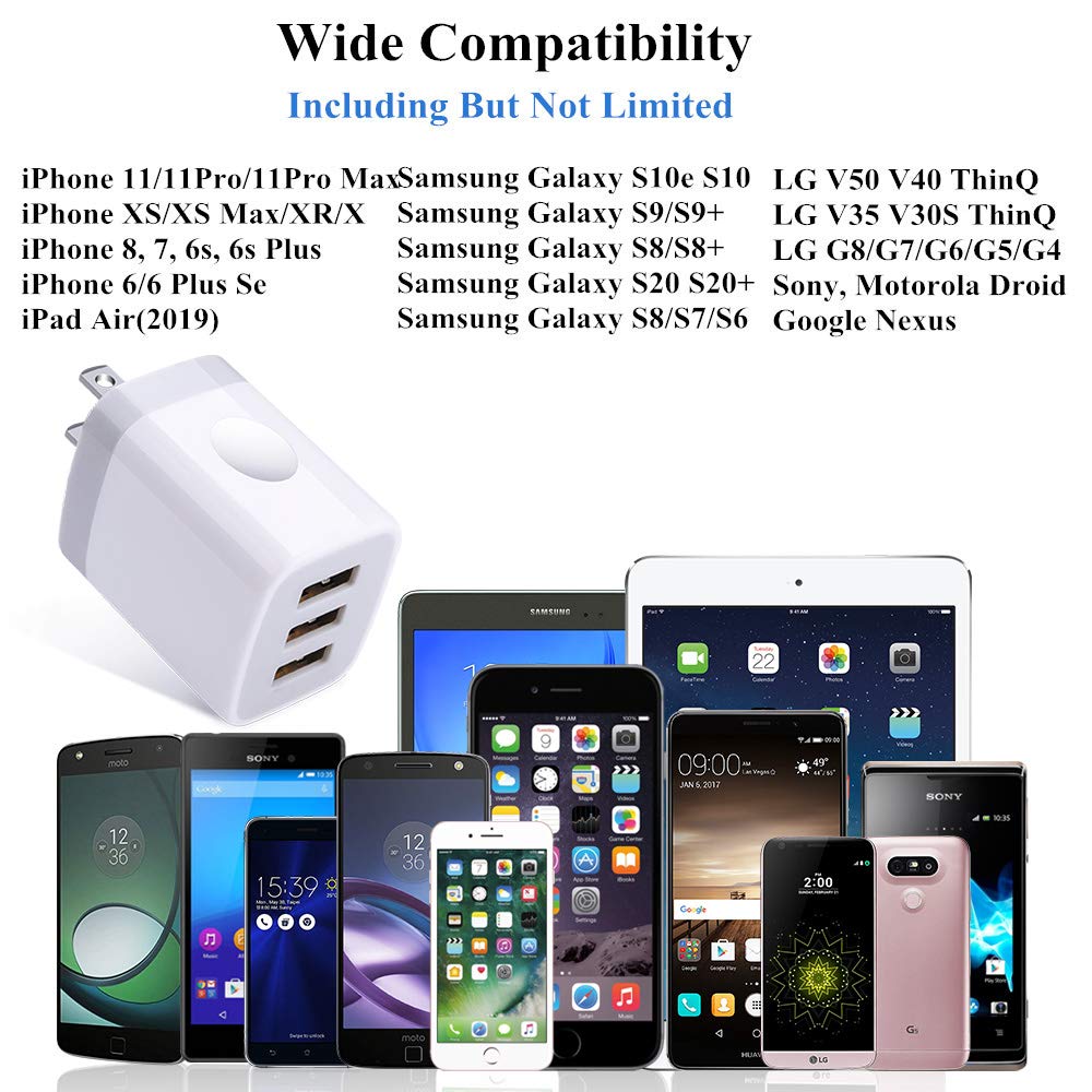 3 Port Wall Charger, 5V 3.1A USB Plugs, MultiPort Travel USB Wall Plug Home Charging Block Cube Compatible iPhone 13 12 11 Pro XS Max, Samsung Galaxy S22 S21 FE S10, Note 20 10,V35 THINQ Q7 G7