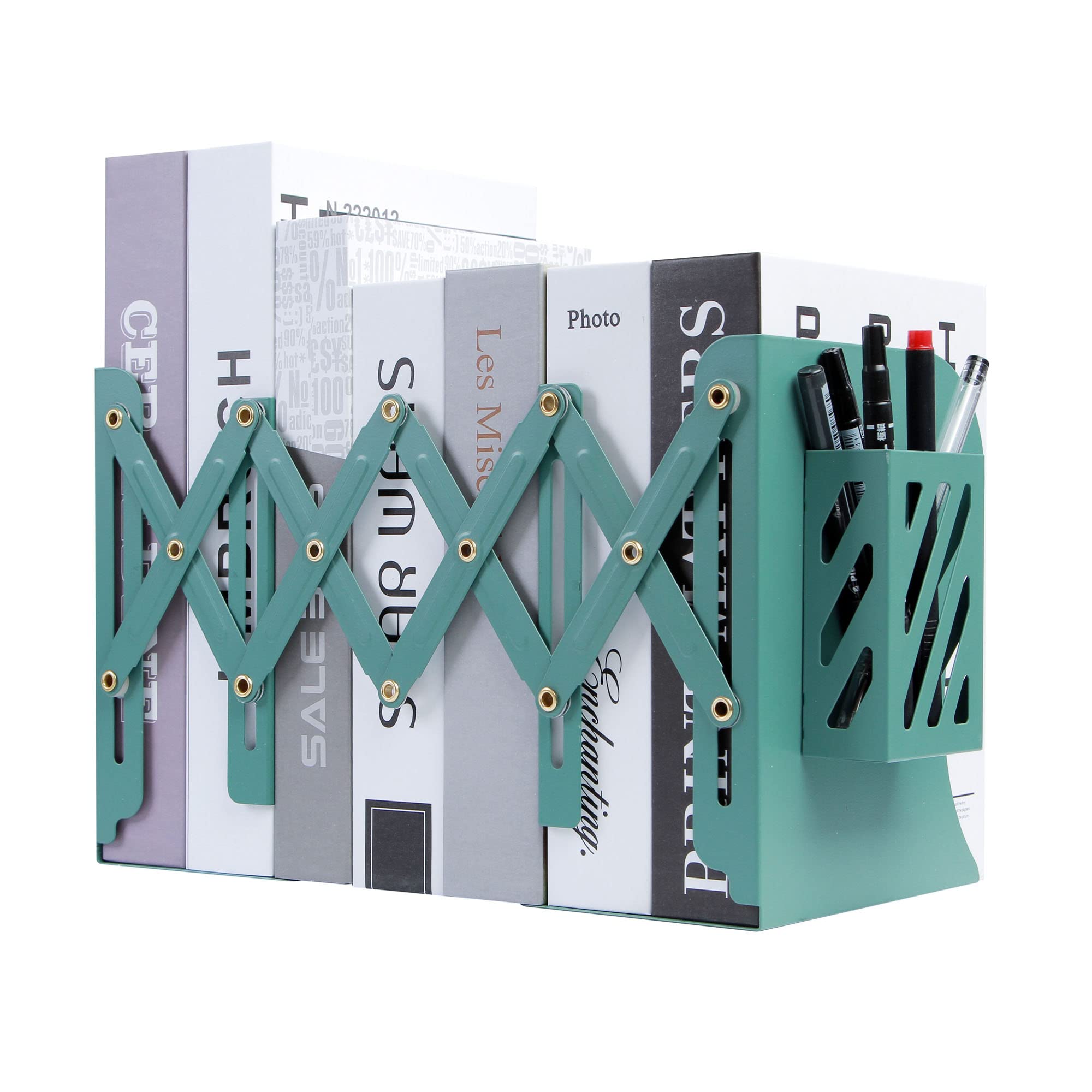 Adjustable Desk Storage Bookends with Pen Stand Holder – 2-in-1 Bookend and Pen Stand – Telescopic Design – Expands Up to 20” – Multipurpose and Versatile – Desktop Accessory