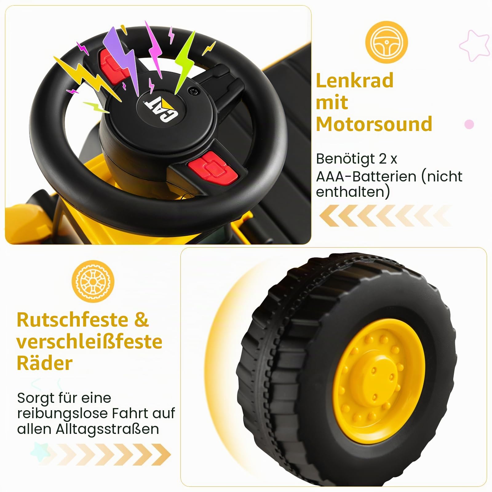 SOARS Sitzbagger, Kinderbagger mit Lenkbarer Schaufel, Rutschauto mit Hupe, verstecktem Stauraum & Kippschutz, Bagger zum Draufsitzen bis 25 kg belastbar, für Kinder ab 1 Jahr