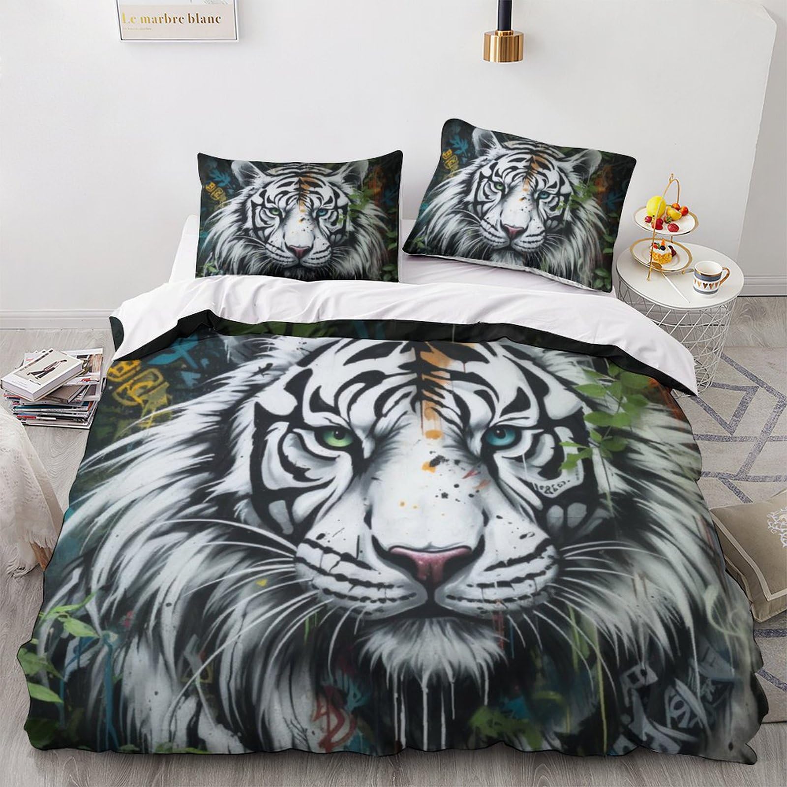 Housse de couette tigre blanc 3D 200x200 cm avec 2 taies d'oreiller