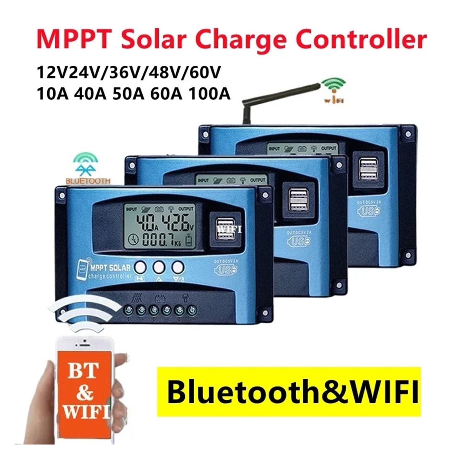 Kontroler ładowania słonecznego, MPPT Regulator Ładowania Słonecznego 30A-100A Bluetooth I WIFI Podwójny Wyświetlacz LCD USB 12V 24V Panel Ogniw Słonecznych Ładowarki Z Obciążeniem(12V24V BT,30A)