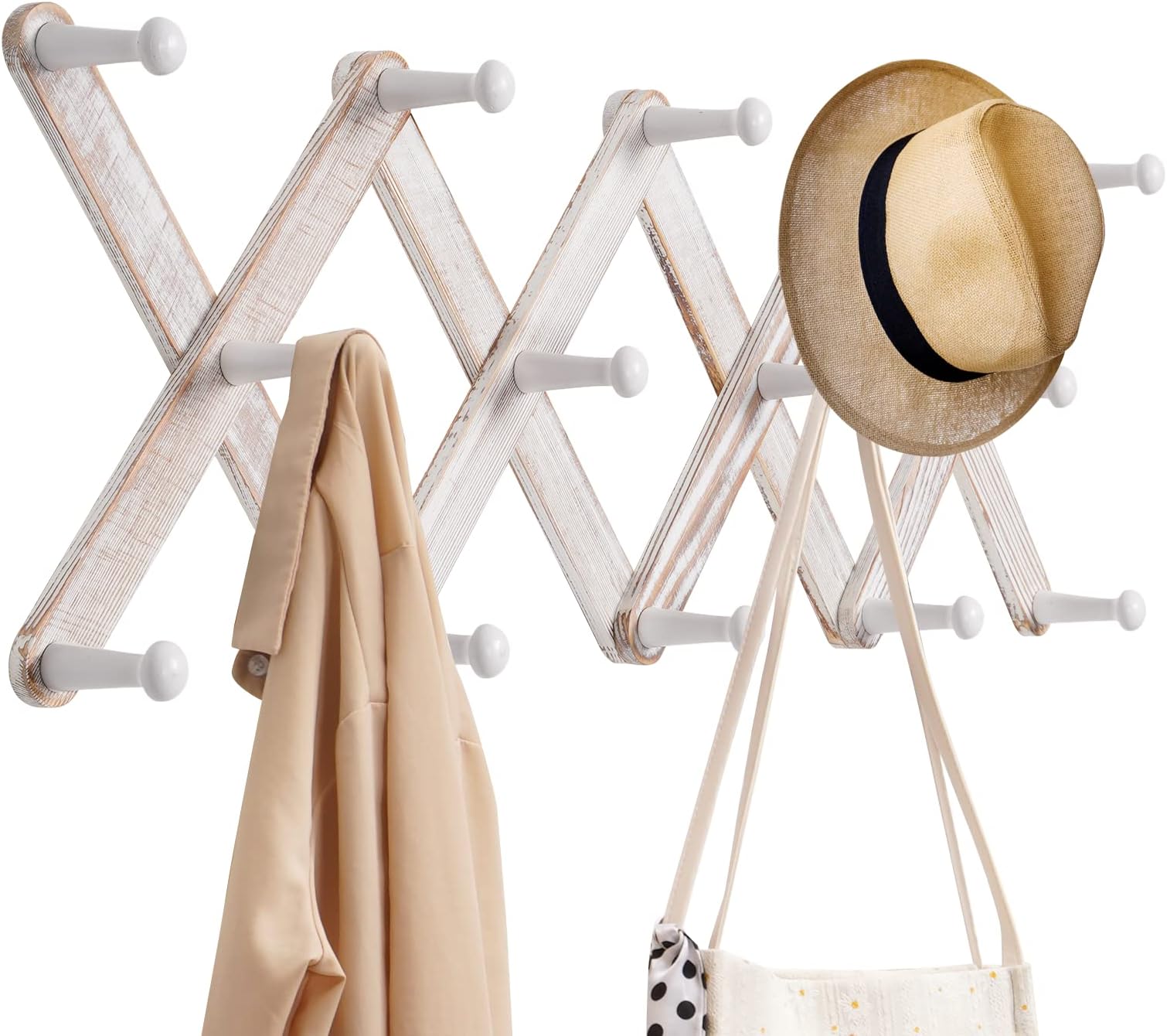 Snughome Accordion Expandable Wooden Coat Rack Hanger, Wall Mounted Pine Wood Coat Hooks - Hand Made Vintage Expending Pegs for for Hanging Hats, Caps, Mugs, Bags, Coats, X Shaped(Rustic White)