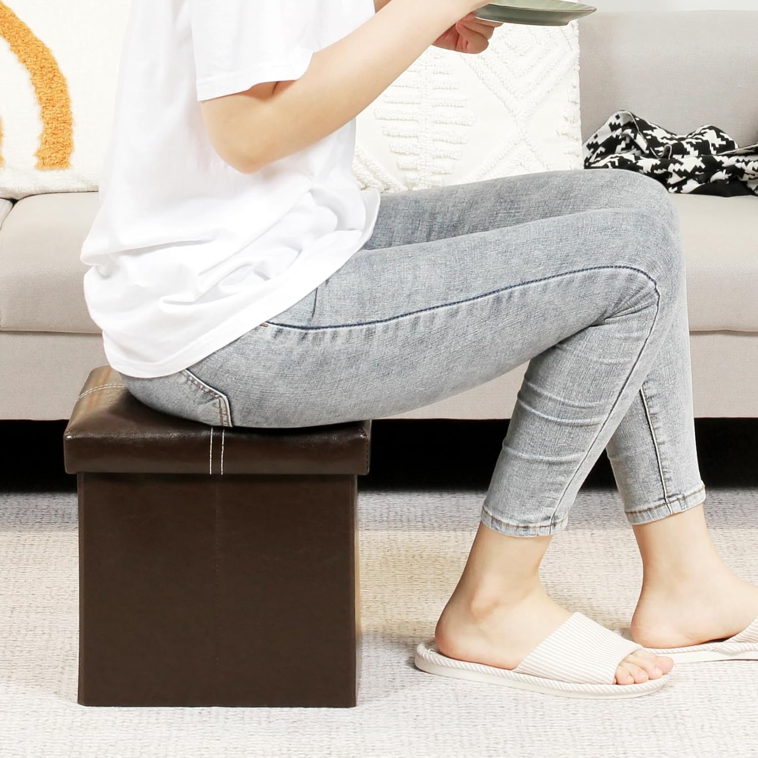 B FSOBEIIALEO Folding Storage Ottoman Cube, Faux Leather Footrest Seat Coffee Table, Brown 11.8"x11.8"x11.8"