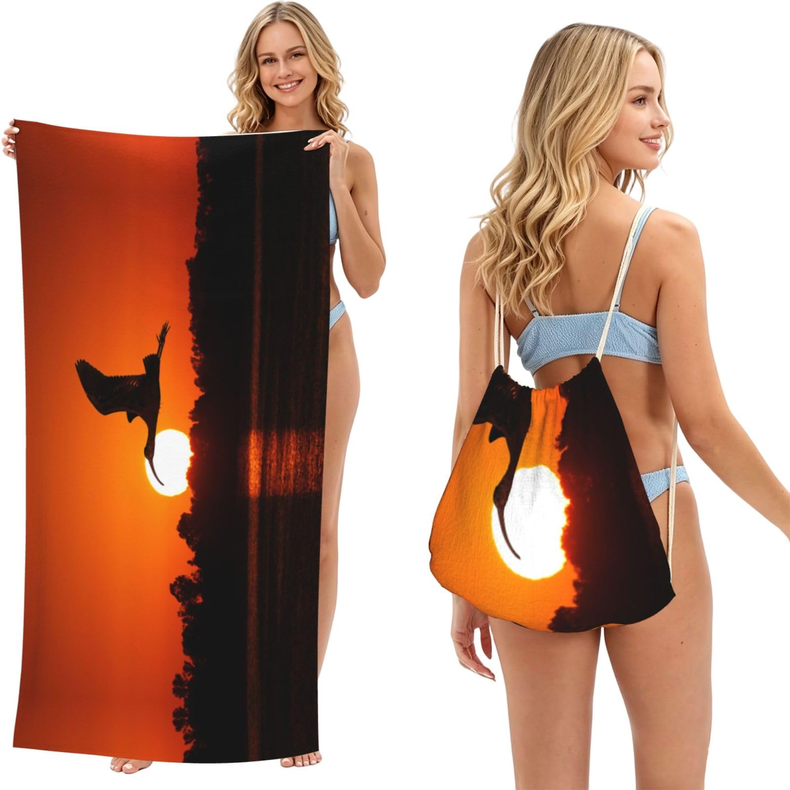 SATUSA Sunset Bird Print 2-In-1 Foldable Beach Towel Backpack â€“ Camping, Yoga And Travel,Bath Towel With Built-In Storage, Convertible Beach Mat & Carry Bag