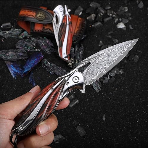 Miniatura 8 de Handmade Japanese VG10 Damascus steel Folding Pocket Knife，With leather case，Liner Lock，3.1in high hardness blade，Wooden Handle，men's folding knife