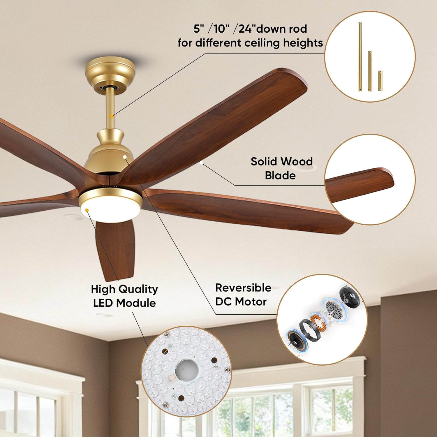 52 Inch Gold Wood Ceiling Fans with Lights and Remote, Modern Farmhouse Ceiling Fan with Large Airflow, 6 Speed, 3CCT Dimmable, Noiseless Reversible DC Motor for Bedroom Indoor Outdoor Patio