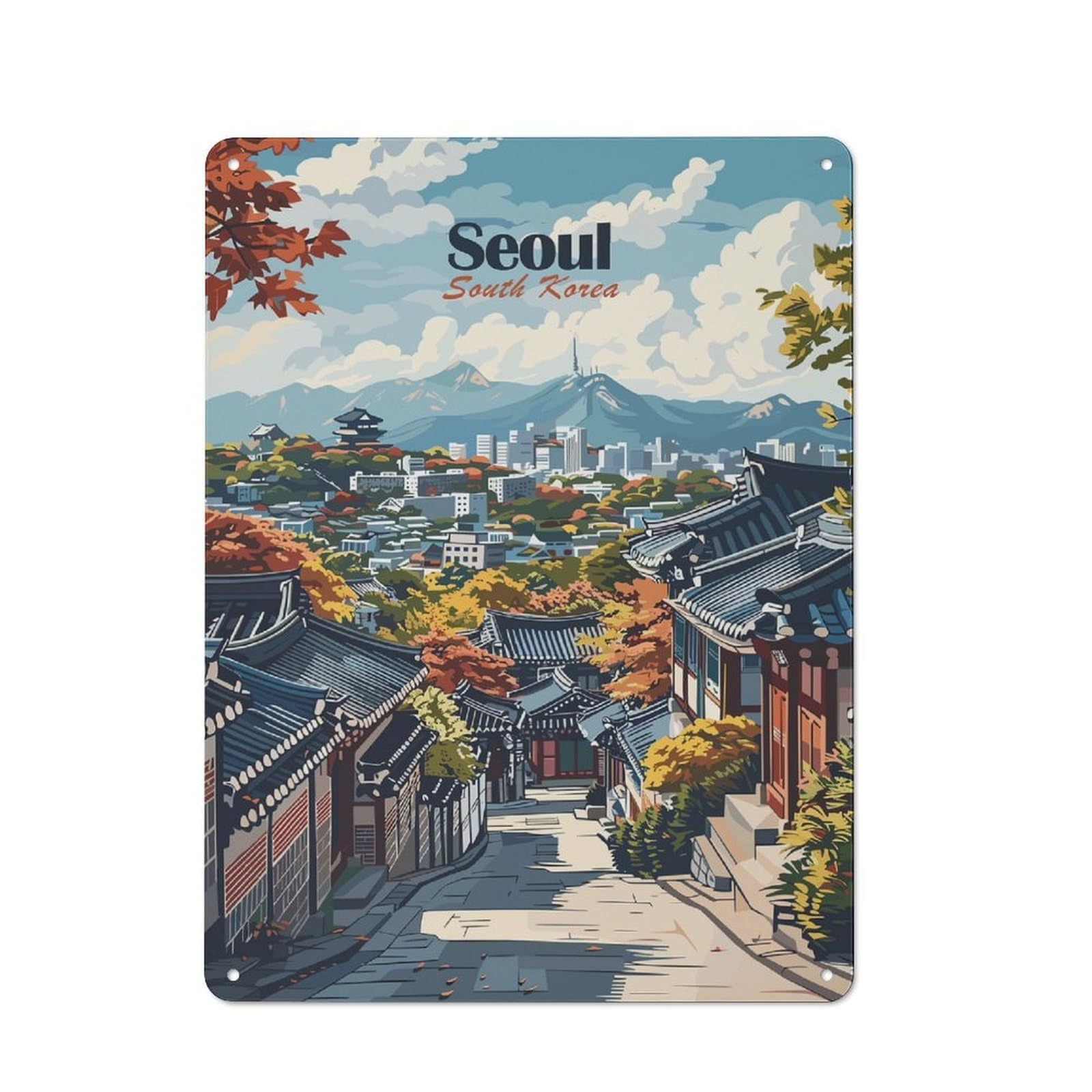Junmoney Style-11 Seoul Cityscape Rustic Tin Wall Plaque 40X30cm For Hobby Room Or Studio, A Christmas Gift For People Styling Hobby Room And Studio