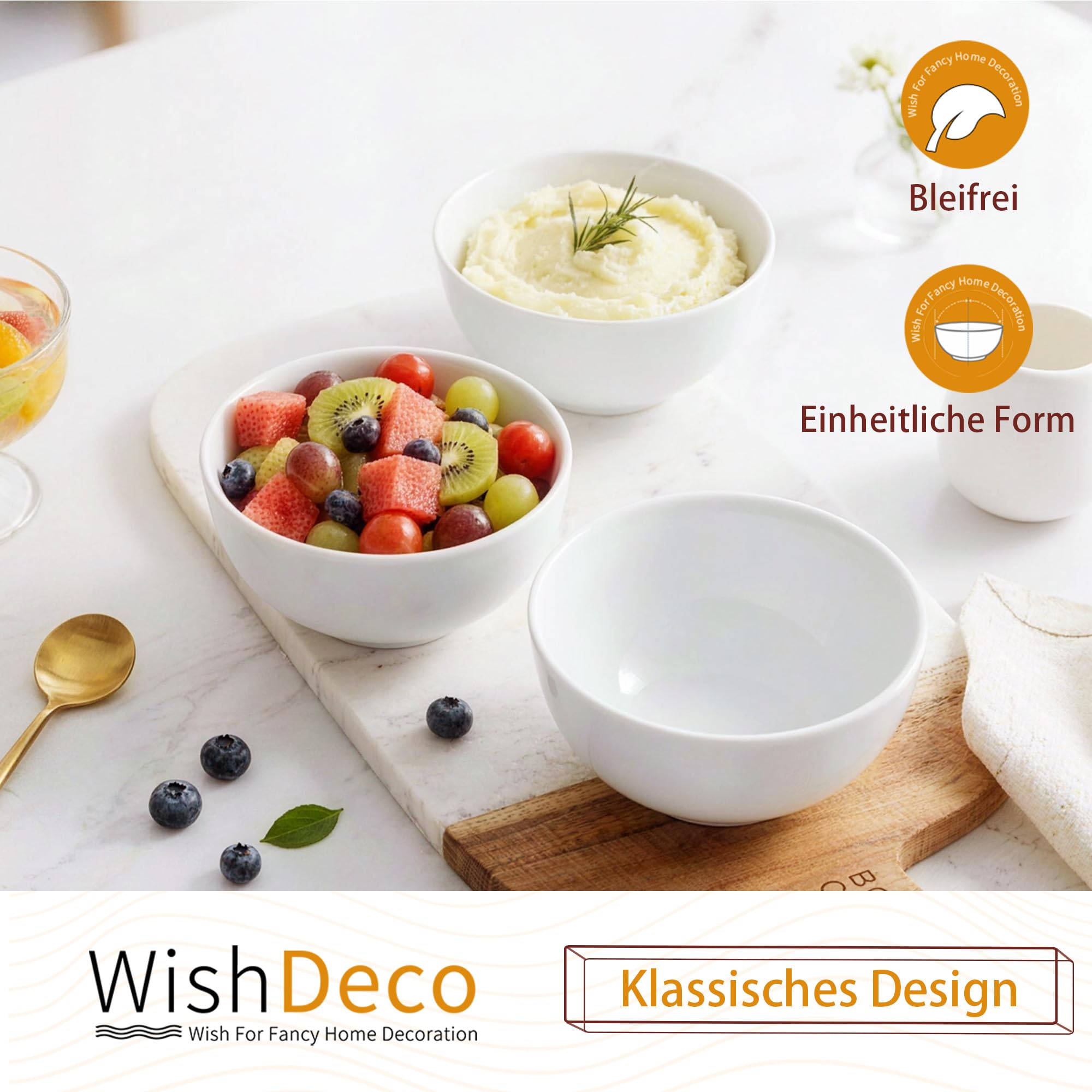 WishDeco Dessertschalen 6er Set, Kleine Müslischalen 300ml, Suppenschalen Porzellan Weiß, Snackschale Keramik, Mini Bowl Schüssel für Eis, Joghurt, Nüsse