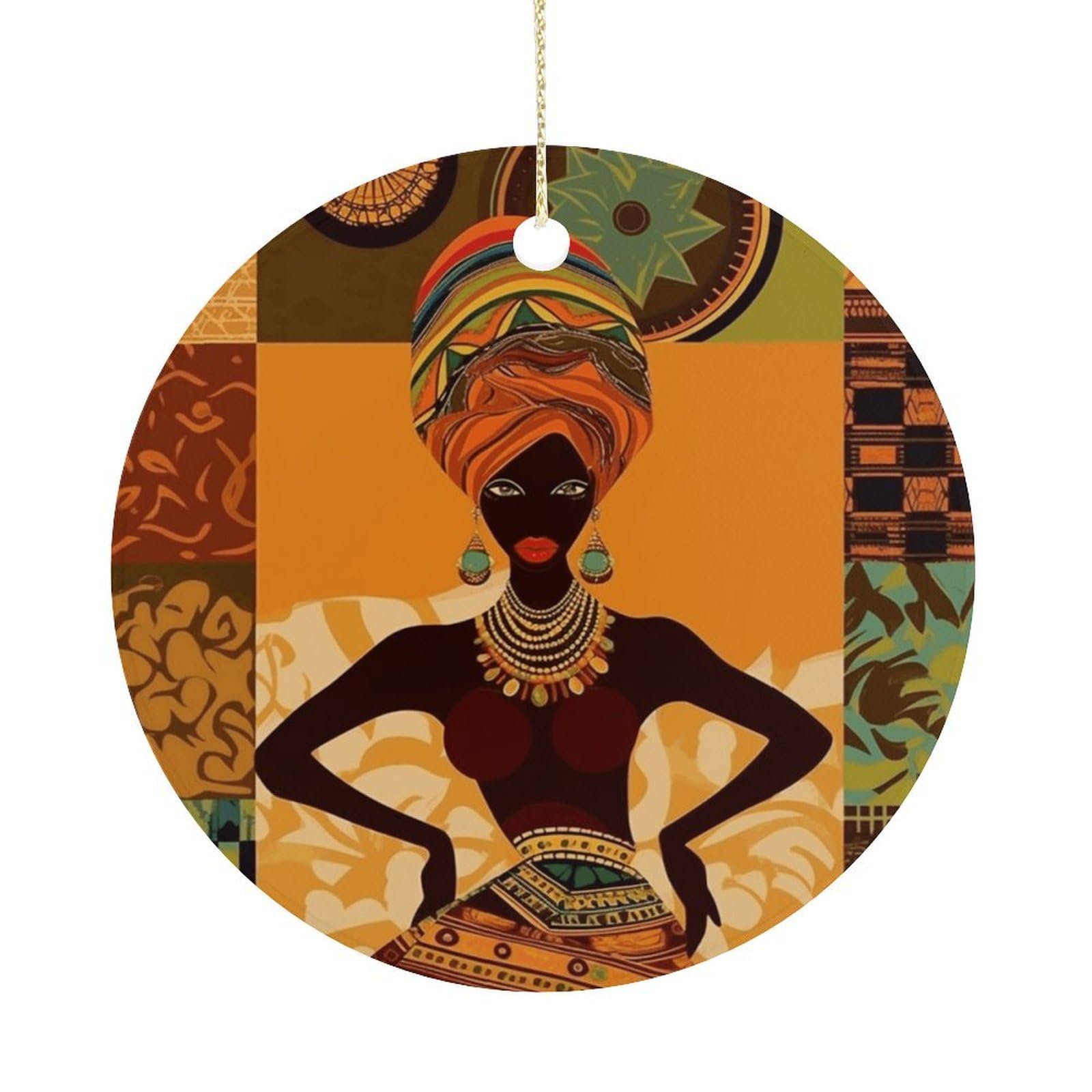 African Woman Christmas Ornament,Round Ceramic Ornaments Personalized Christmas Tree Ornament for Holiday Porcelain Keepsake Gifts Ideas Home Decor