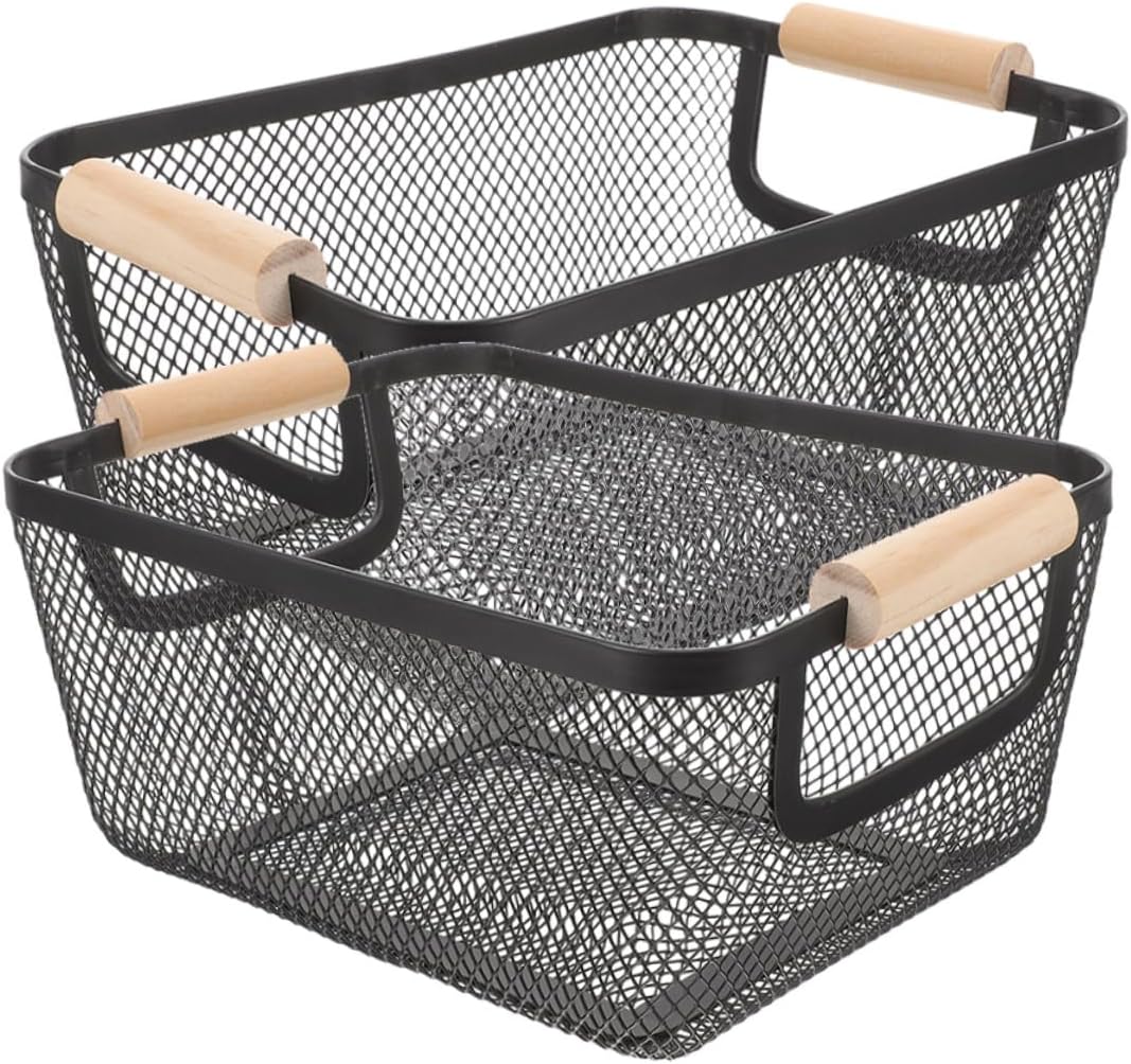 STOBAZA 2pcs Kitchen Baskets Wire Storage Organizer in Black Metal Wire Baskets Wood Handles for Pantry Entryway