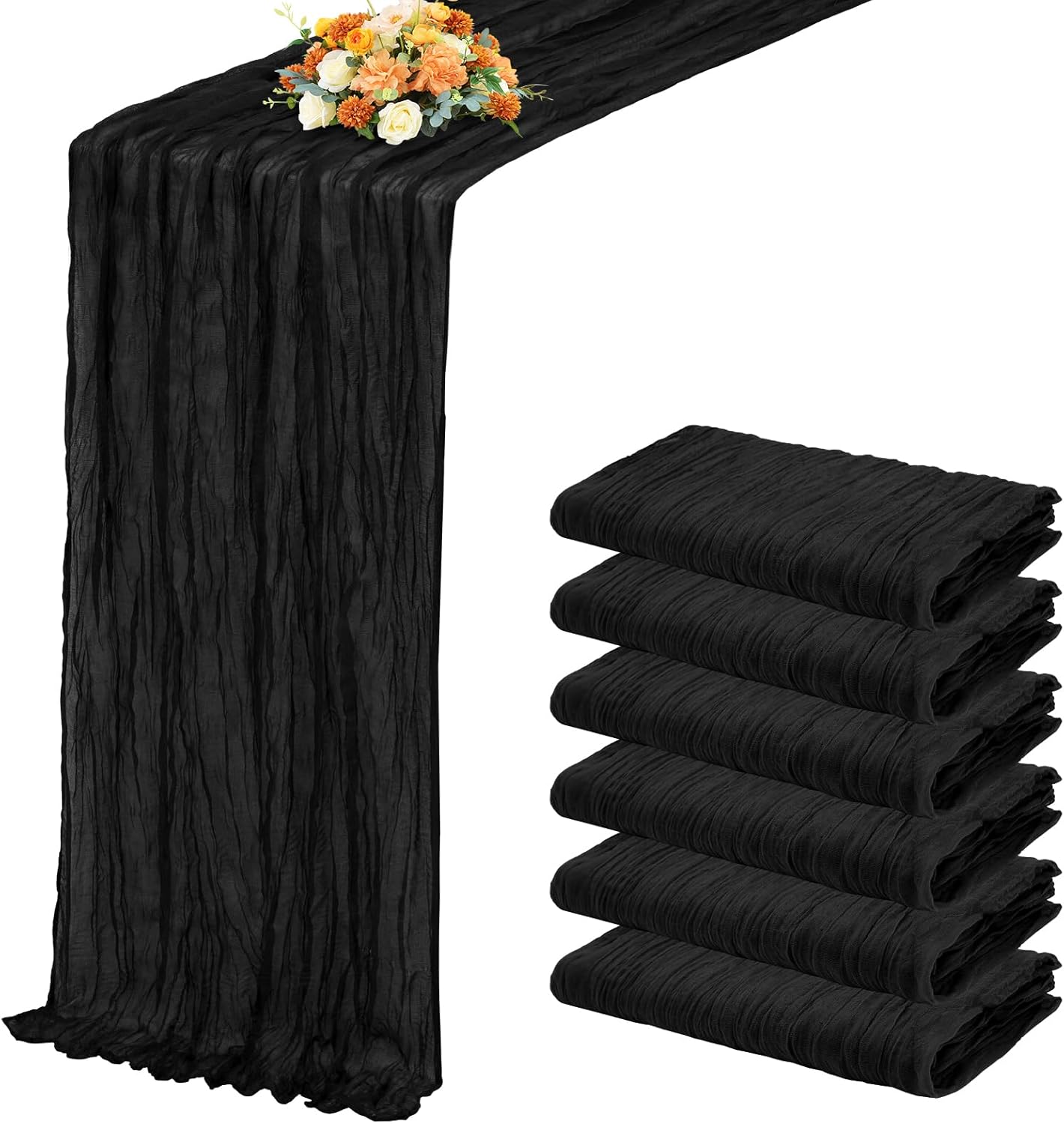 6 Pack Black Table Runner 17x108 Inch Cheesecloth Table Runner Boho Gauze Table Runners Romantic Rustic Sheer Fabric Cheese Cloth Table Runners for Wedding Party Baby Shower Birthday Home Decor