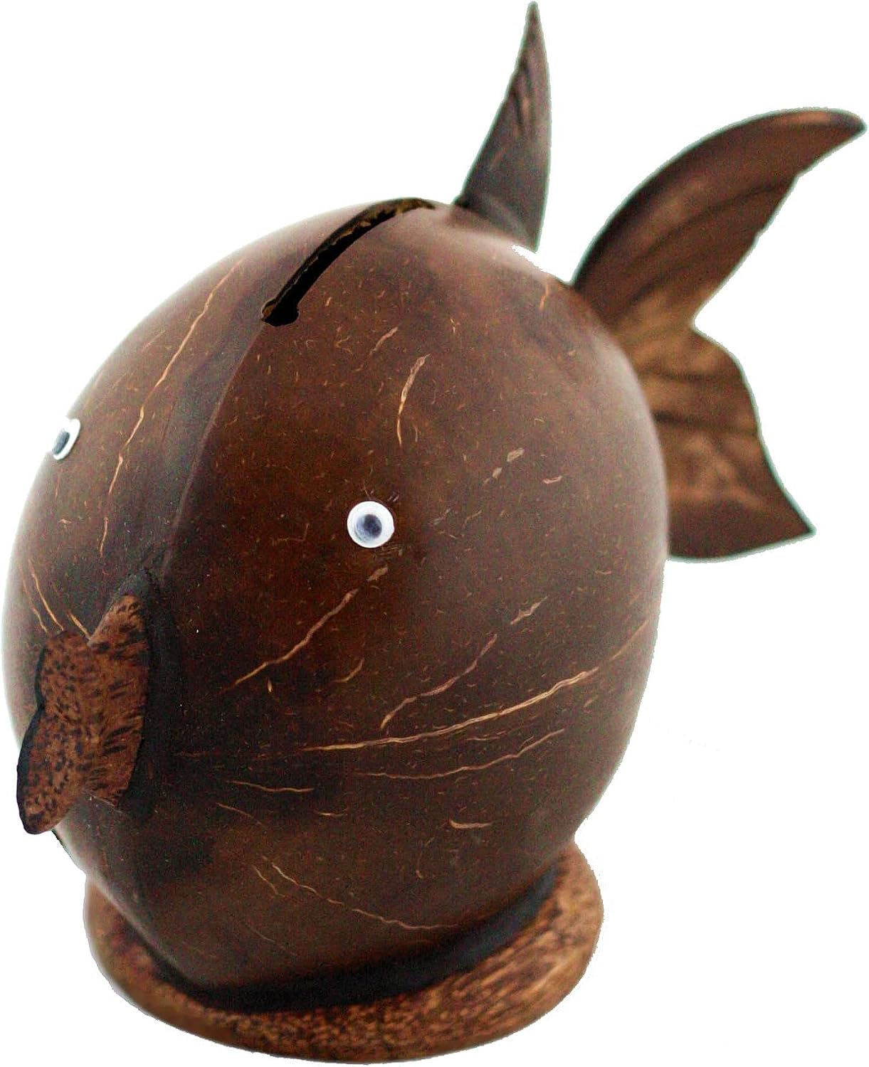 G6 Collection Unique Handmade Coconut Shell Wood Cute Fish Coin Piggy Bank Handcrafted Wooden Rustic Hand Carved Decorative Keepsake Saving Money Adorable Kids Room Decor Gift Fish Bank
