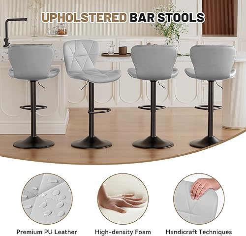 Miniatura 4 de Juego de 2 taburetes de bar, modernos taburetes de bar giratorios ajustables de piel sintética, sillas de altura de mostrador con respaldo y