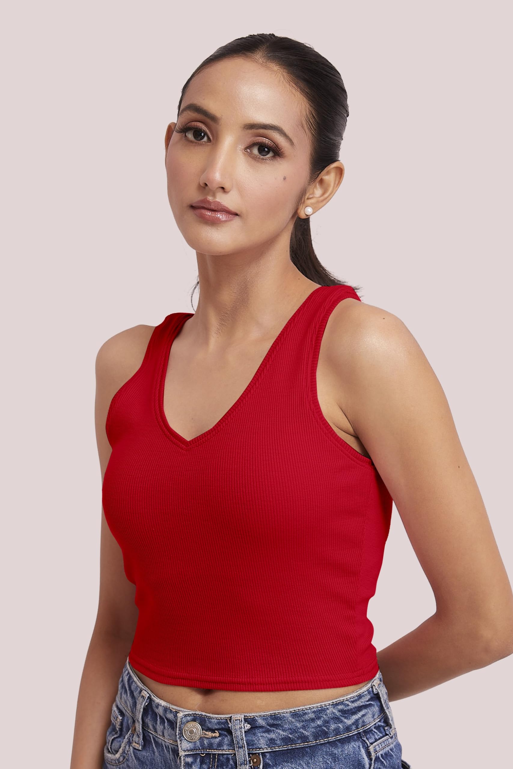 BERRY BIRD® Sleeveless V- Neck Slim Fit Ribbed Knit Tank Crop Tops for Women & Girls Casual Beach and Gym Wear and Western Trendy Fashion Red 3