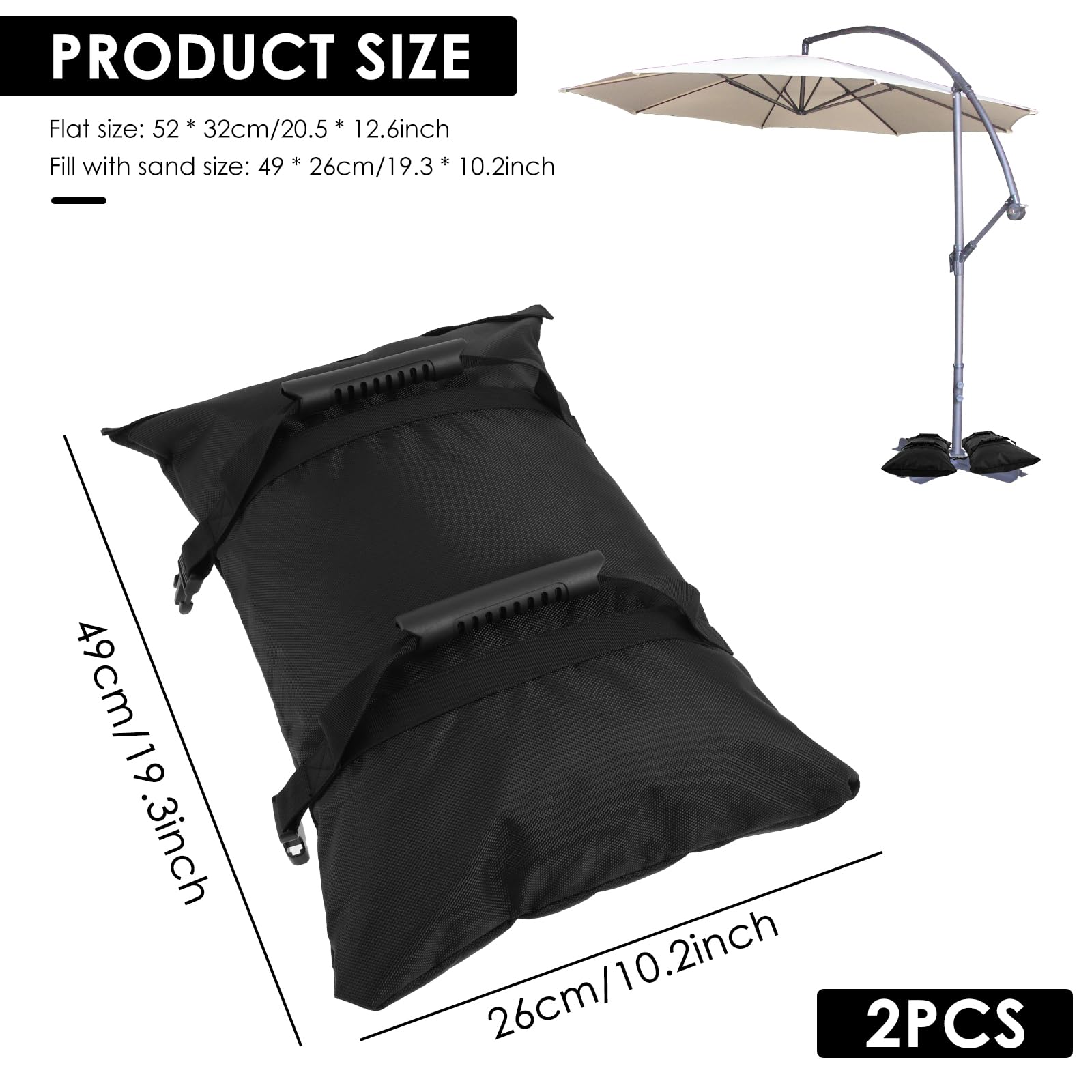 Umbrella Base Weight Sand Bag with Handle, Sand Bags for Weight, Umbrella Sandbag Weights, Stable and Versatile Fillable Weight Bag, Sturdy Black Weighted Base Sandbag for Outdoor Usage (49*26cm)