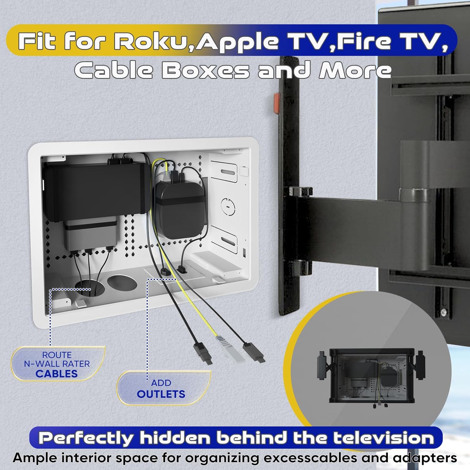 9" in Wall Media Box - Recessed Enclosure to Hide Wires for Apple, Roku, Fire TV | Structured Cable Organizer with Ventilation | No Drilling Needed for Mounting Brackets