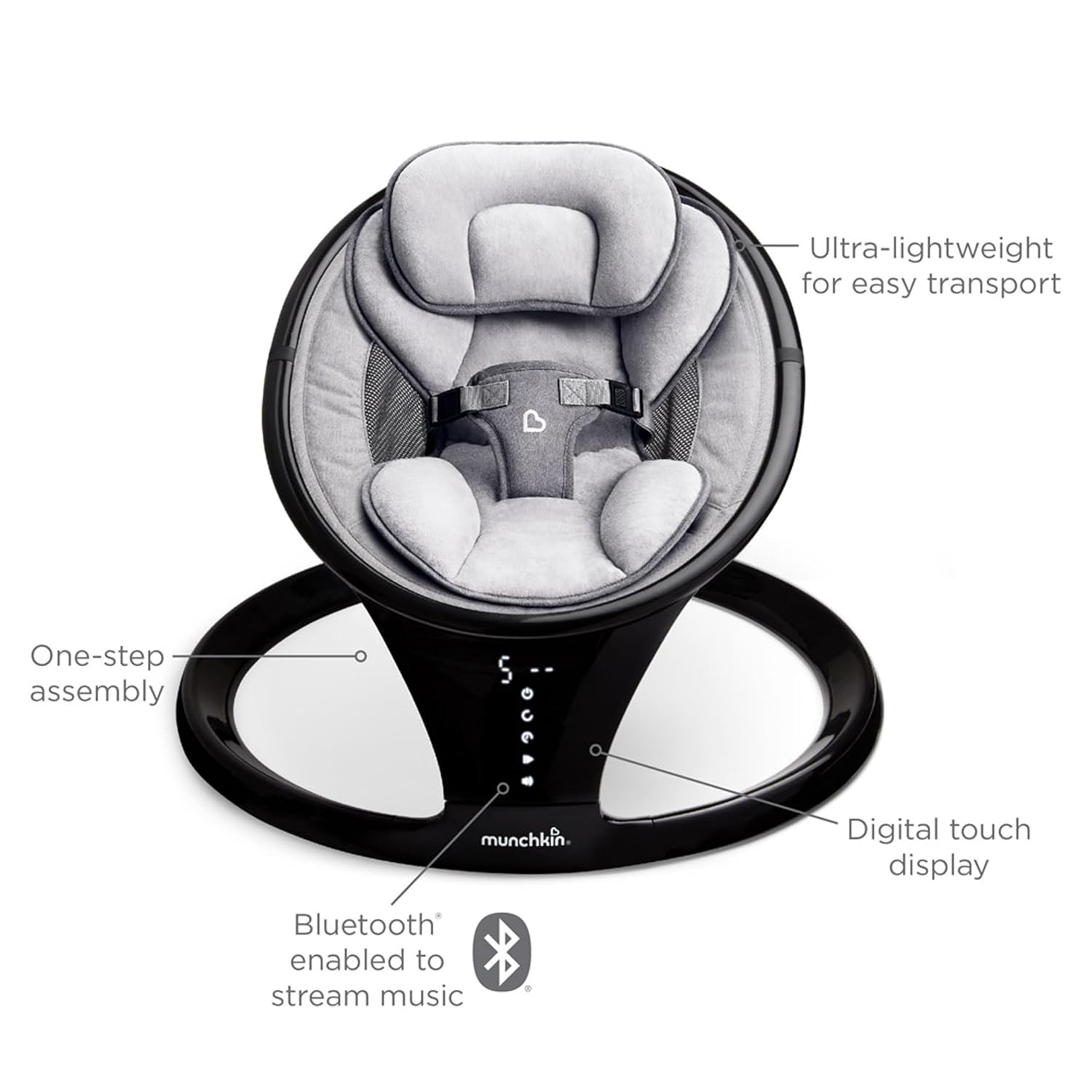 Munchkin Electric Baby Swing, Portable and Lightweight, Bluetooth Enabled Infant Rocker with Natural Sway in 5 Ranges of Motion, Newborn Nursery Essentials, Black/Grey