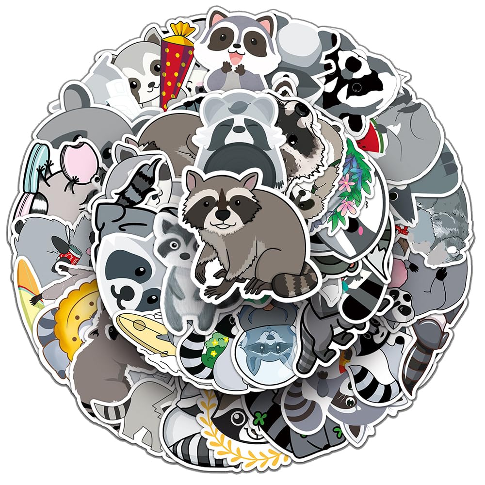 Qaxrocyn Raccoon Cute Vinyl Stickers, 50 Pcs Waterproof Animal Decals For Laptops, Scrapbooking, Notebooks, Water Bottles, Suitcases, Phones & Diy Decor