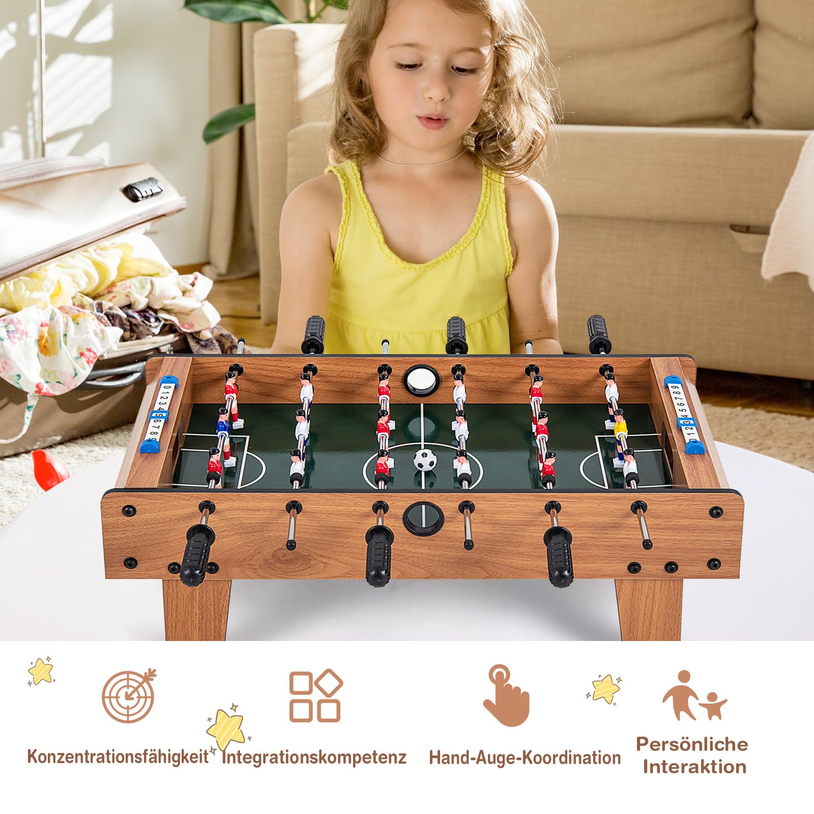 COSTWAY Mini Tischkicker aus Holz, Kickertisch inkl. 18 Kicker und 2 Fußbälle, Tischfussball für Erwachsene und Kinder, 69 x 60 x 24 cm