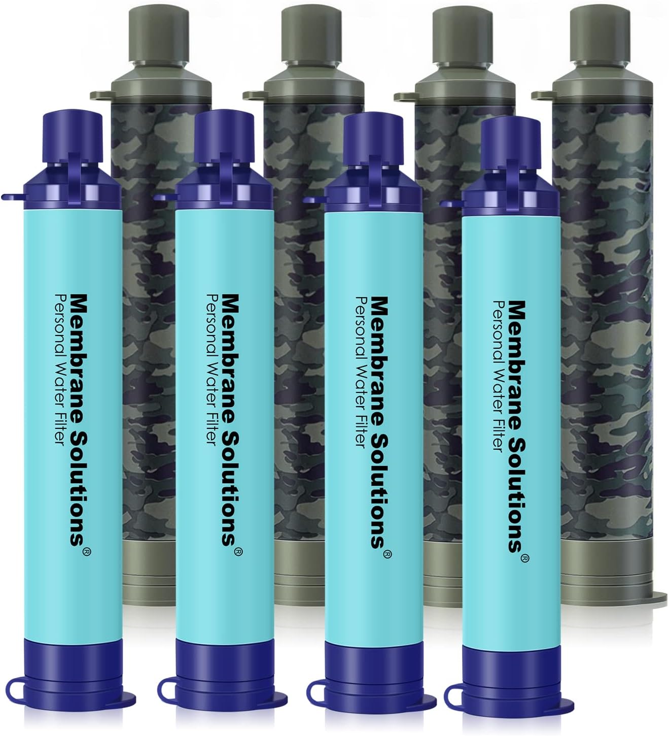 Membrane Solutions Straw Water Filter, Survival Filtration Portable Gear, Emergency Preparedness, Supply for Drinking Hiking Camping Travel Hunting Fishing Team Family Outing (8Pack, Blue+Camo)
