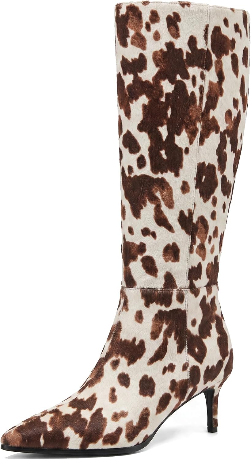 Women’s Cow Print Boots, Pointed Toe Knee High Boots, Side Zipper Kitten Heel Dress Boots