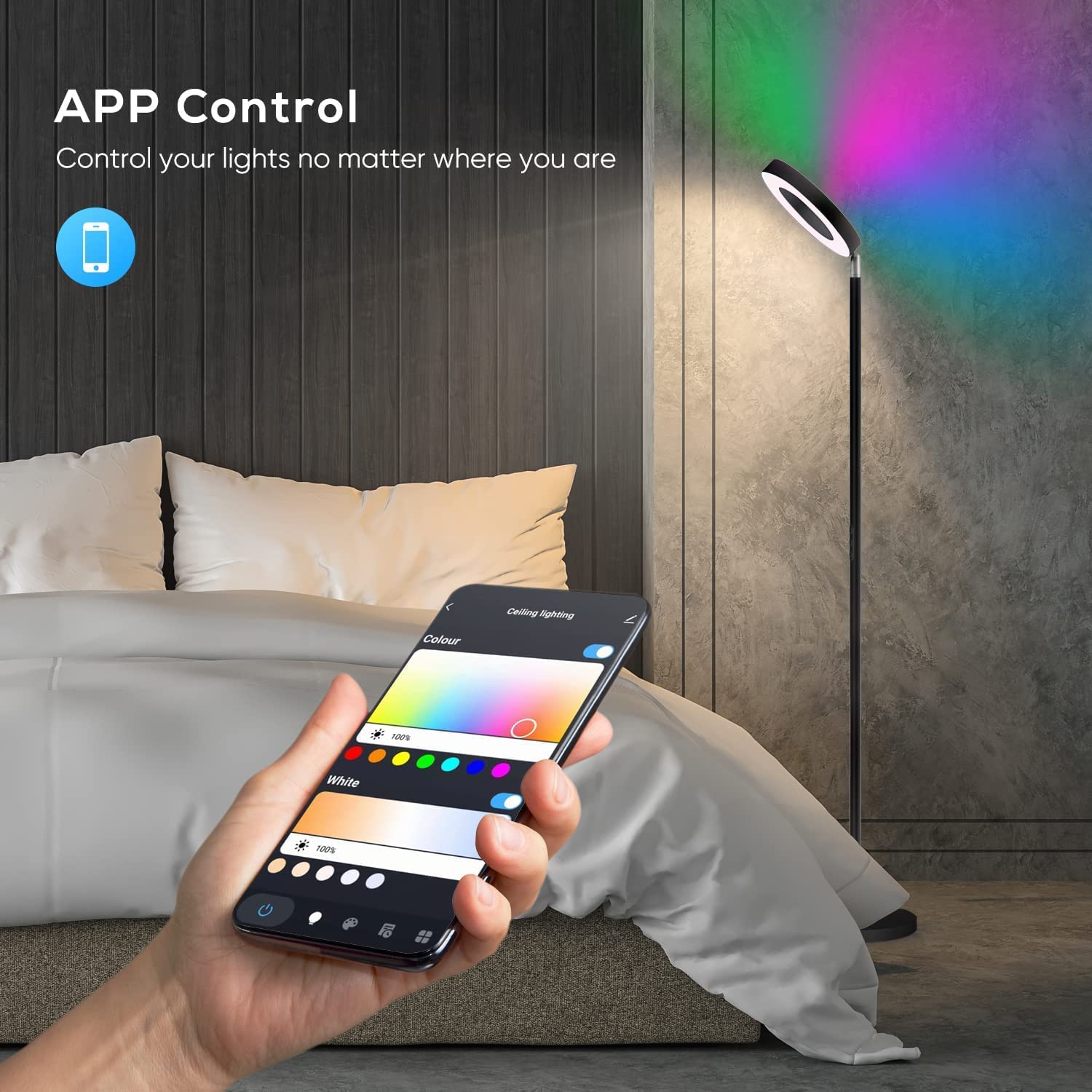 Pie de salón SMART, WI-FI + sensor táctil + APP control, dimable 3000K- 6000K + RGB 42W NEGRO, orientable y giratorio. Luz directa e indirecta. Inteligente, Alexa, Google.