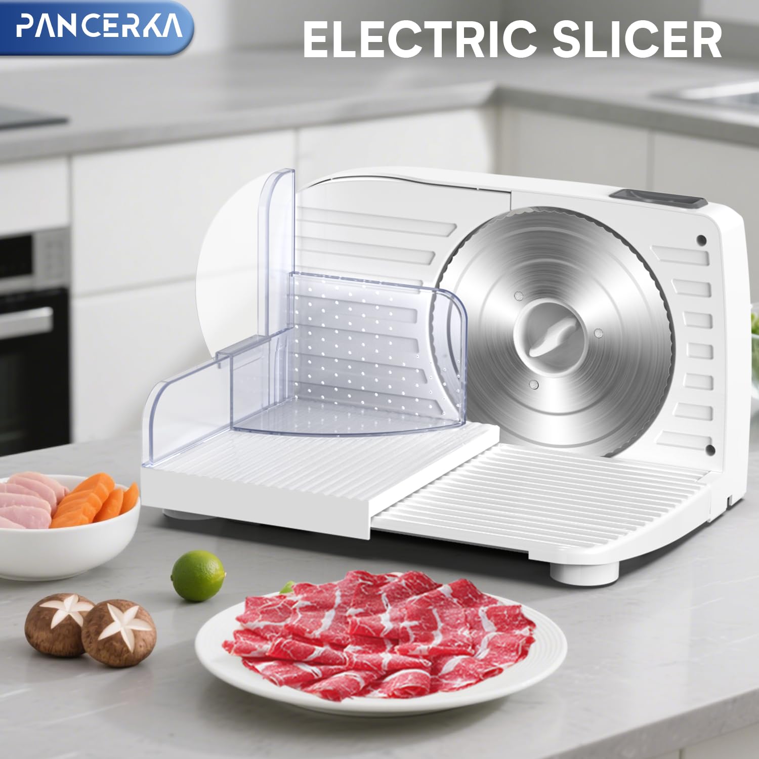 Cortadora de carne eléctrica PANCERKA, rebanadora de alimentos para charcutería, grosor ajustable de 0 a 15 mm, apta para uso doméstico y comercial, para cortar embutidos, carne, verduras, frutas, cor
