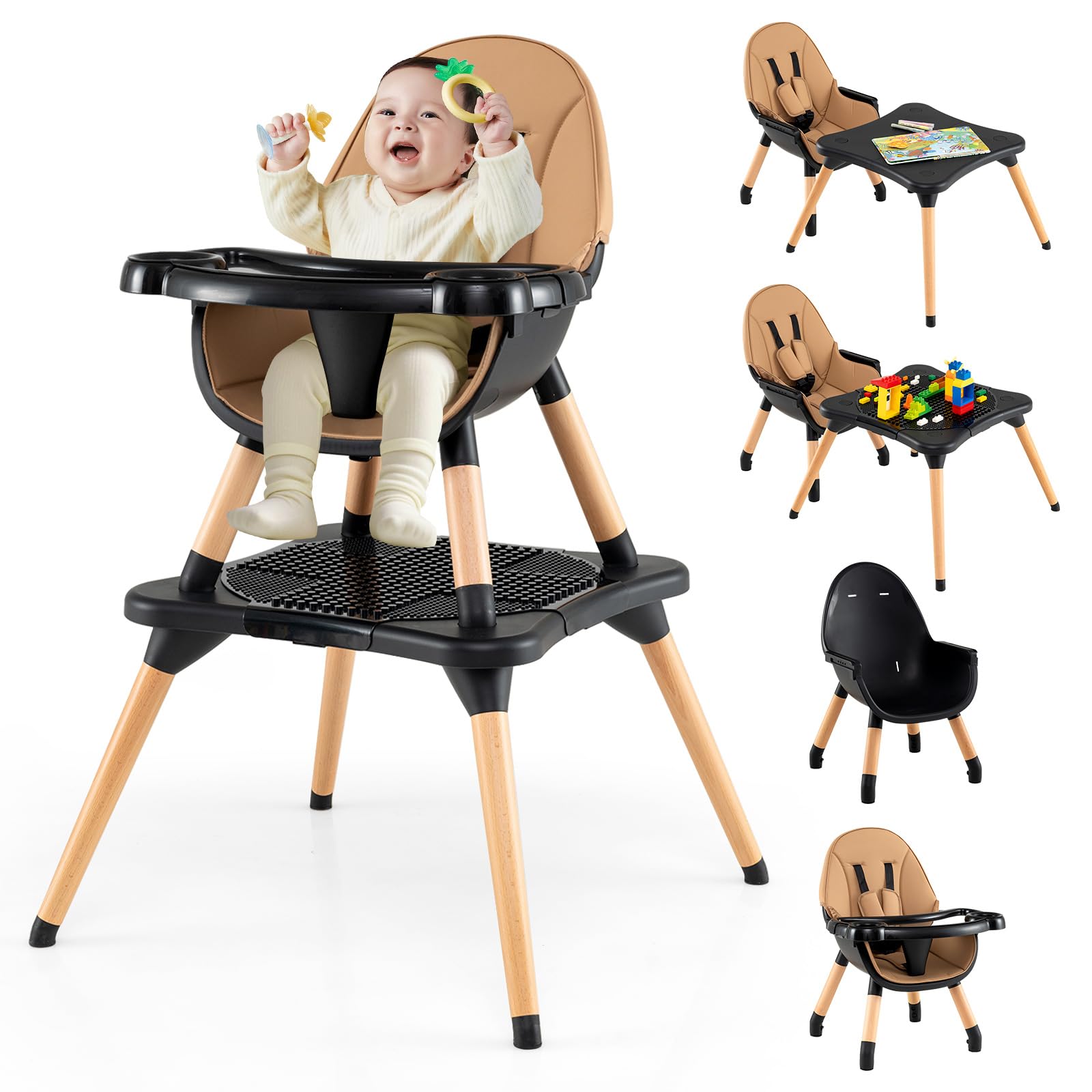 COSTWAY 6 en 1 Chaise Haute Bébé Evolutive, Table en Blocs Convertible, Harnais à 5 Points, Plateau Réglable Amovible, Chaise Haute Bebe en Bois, pour 6-36 Mois, Charge 15 kg, Café