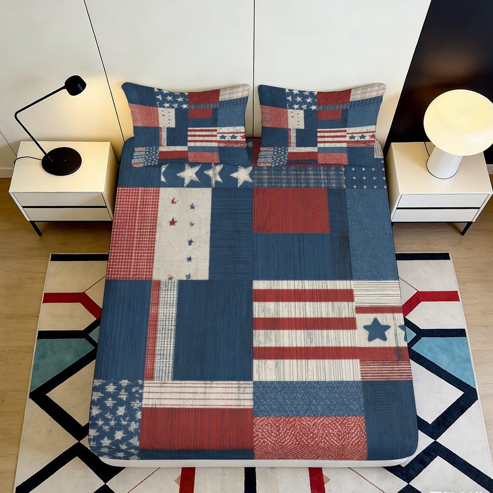 3D Printed American Flag Fitted Sheet Microfiber Durable Soft 3D Printed Patchwork Bed Cover for Bedroom Dormitory Guest Room Mattress Protection 120x200x25cm