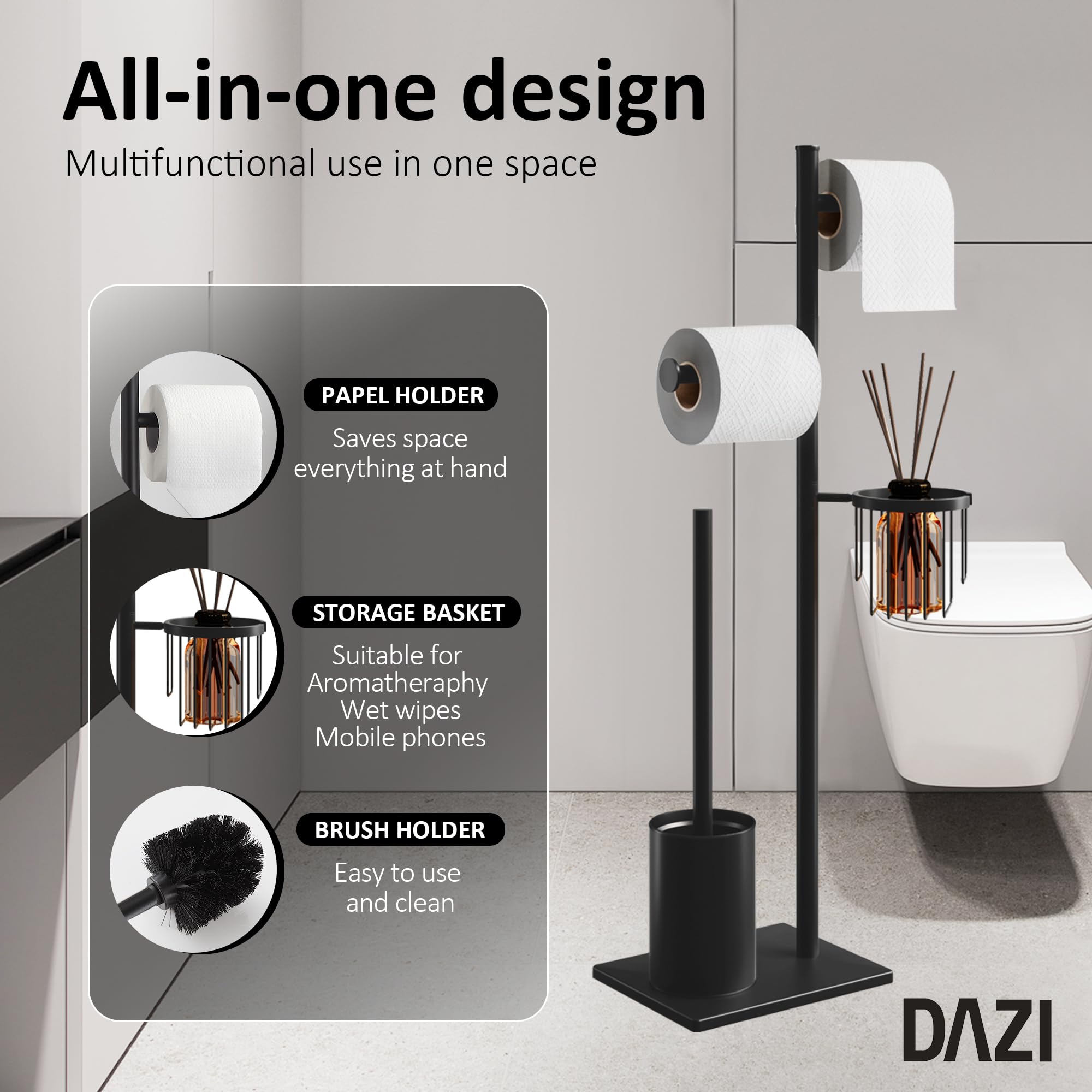 Porta carta igienica set in acciaio inox Nero, autoportante, completo di scopino WC e cestino porta oggetti, perfetto per organizzare il bagno con eleganza e praticità