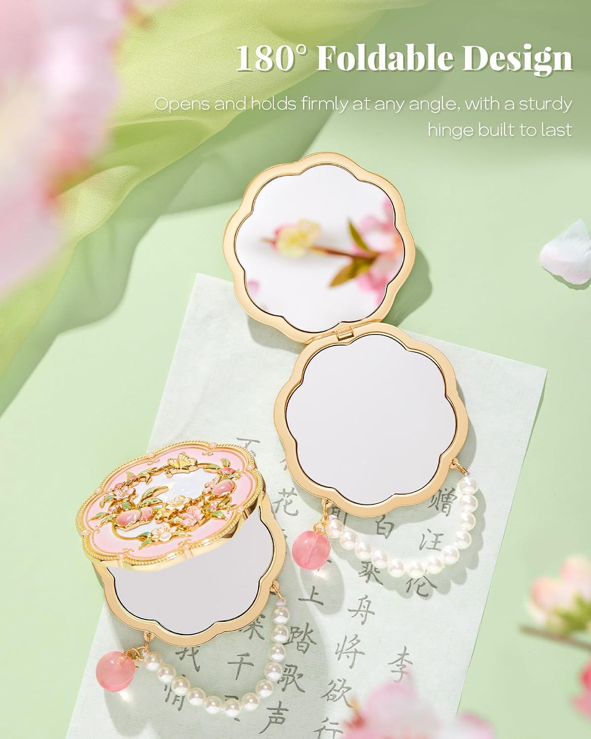Peach Orchard Compact Mirror with Pearl Chain, Pink Gift