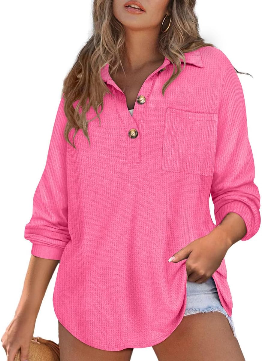 CARCOS Plus Size Tops for Women Waffle Knit Henley Shirts Long Sleeve Button V Neck Tunics Casual Solid Blouse with Pocket