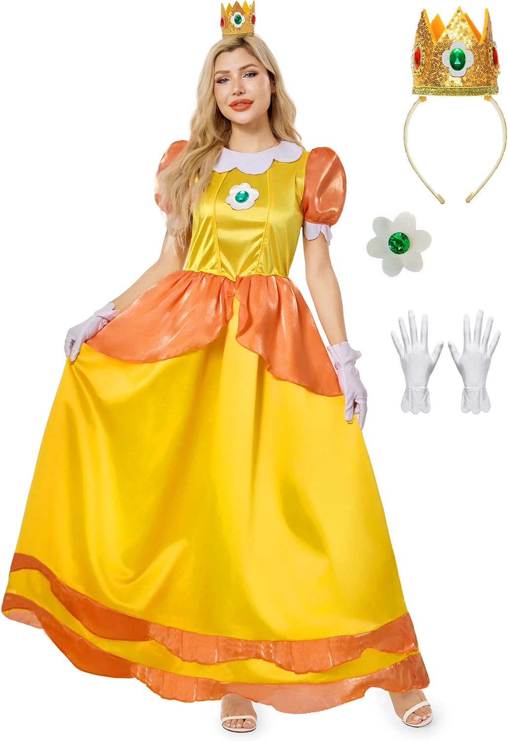 Funna Princess Costume Adult Women Dresses Halloween Dress up Cosplay with Crown Gloves Yellow