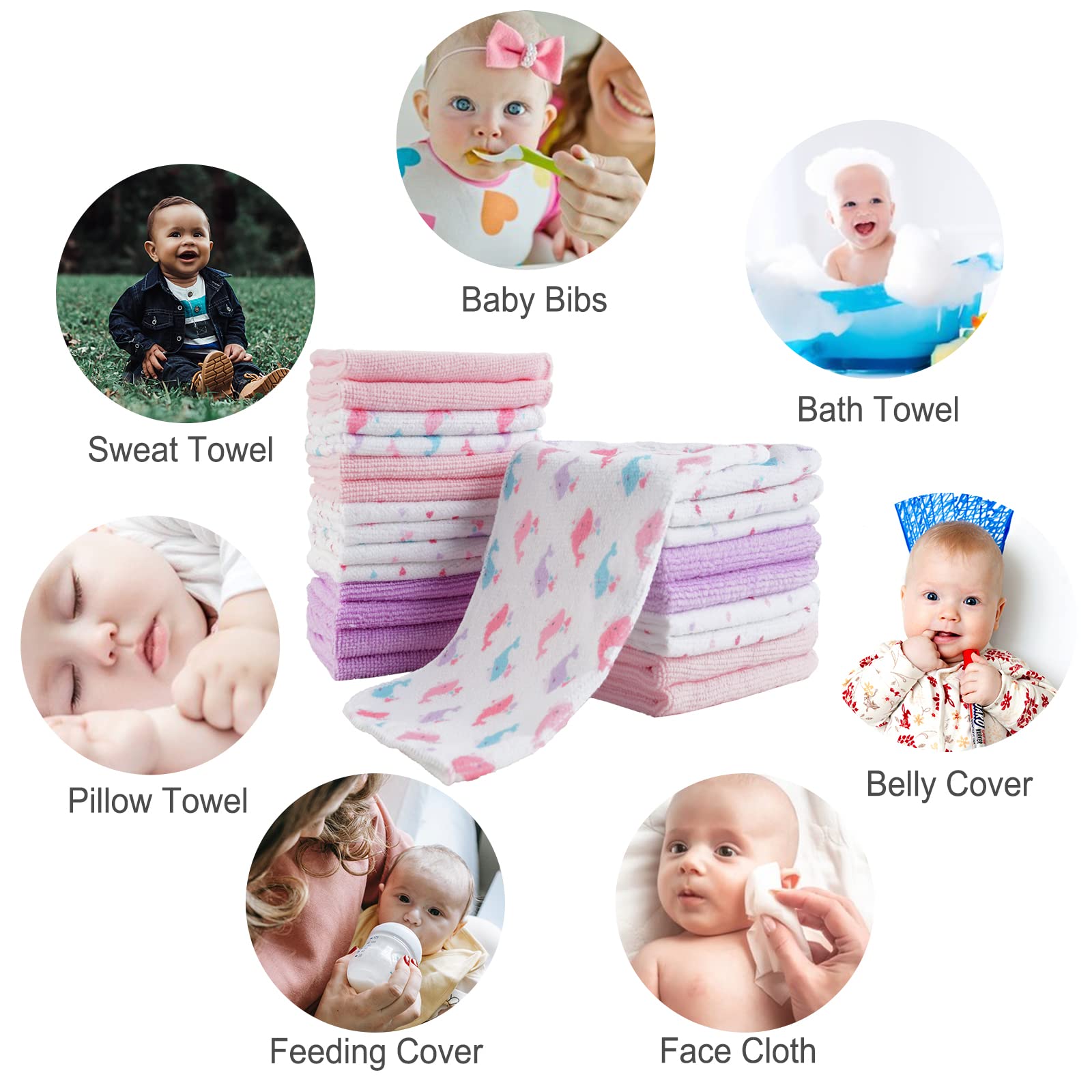 Softan Lot de 24 débarbouillettes et gants de toilette doux pour bébé, serviette de bain pour nouveau-né pour garçons et filles, liste de naissance comme cadeau de douche, 22,9 x 22,9 cm (baleine rose