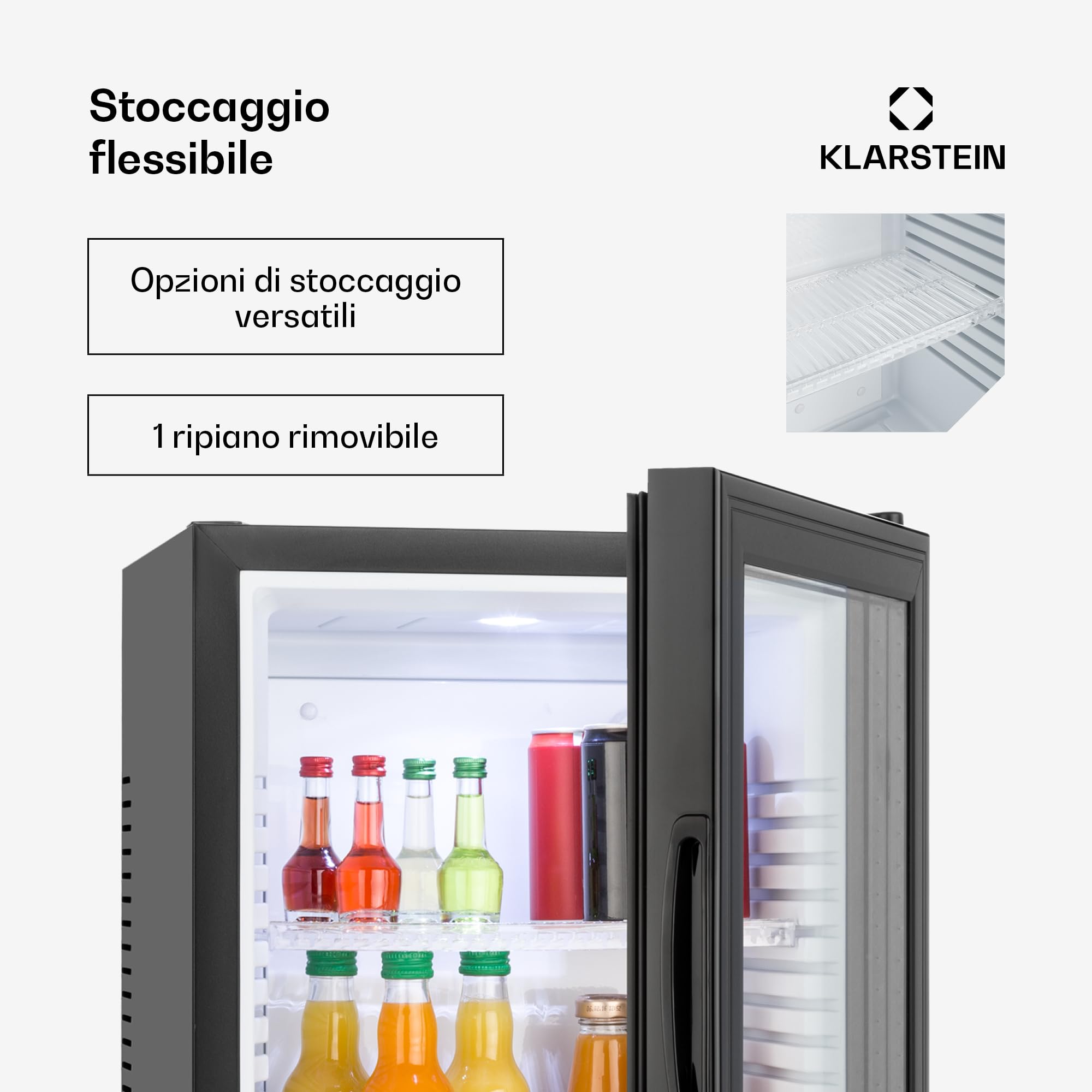 KLARSTEIN Brooklyn Mini Frigo da Camera, Frigo Portatile da Ufficio, Mini Frigo Bar con LED, Ripiani Rimovibili, Ideale per Campeggio e Skin Care, 12-18°C, 30L