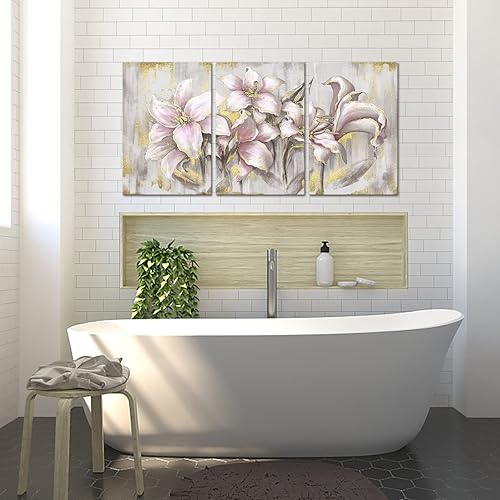 Miniatura 4 de KREATIVE ARTS 3 paneles de arte de pared de flores, cuadros botánicos, pintura de lirio rosa con lámina dorada, ilustraciones florales en lienzo