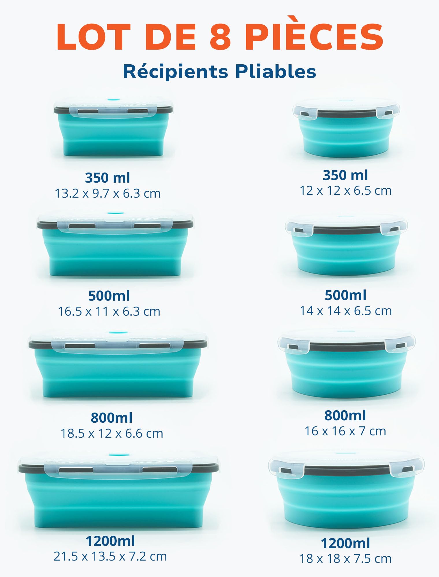 Lunememo Lot de 8 boîtes alimentaires pliables en silicone avec couvercles, passent au congélateur et au lave-vaisselle, boîte à déjeuner pliable pour camping-car, restes, collations, repas