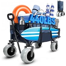 Beach Wagon with Extended Tailgate, 9" Big Sand-Proof Wheels, Heavy Duty 200L Oversized Foldable Beach Cart, 440LBS Utility Wagon with Side Pocket for Sand,Camping,Vacation