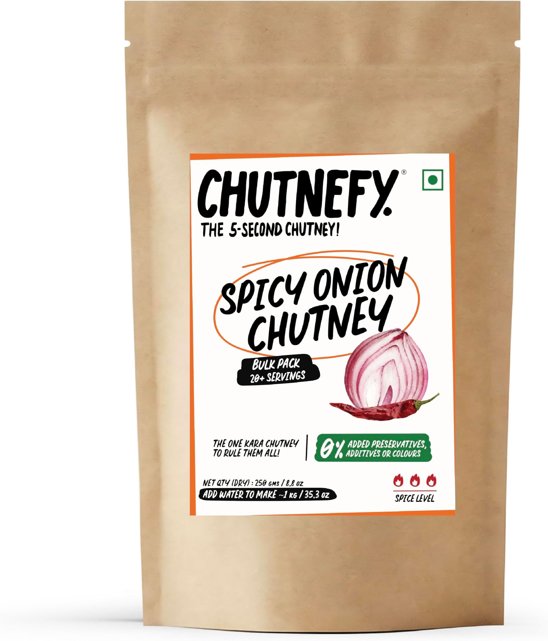 Chutnefy Spicy Onion (Kara) Chutney | 250g Freeze-Dried Instant Dry Mix | Just Add Water to Make 20+ Servings (1000 g) | 0% Preservatives or Additives